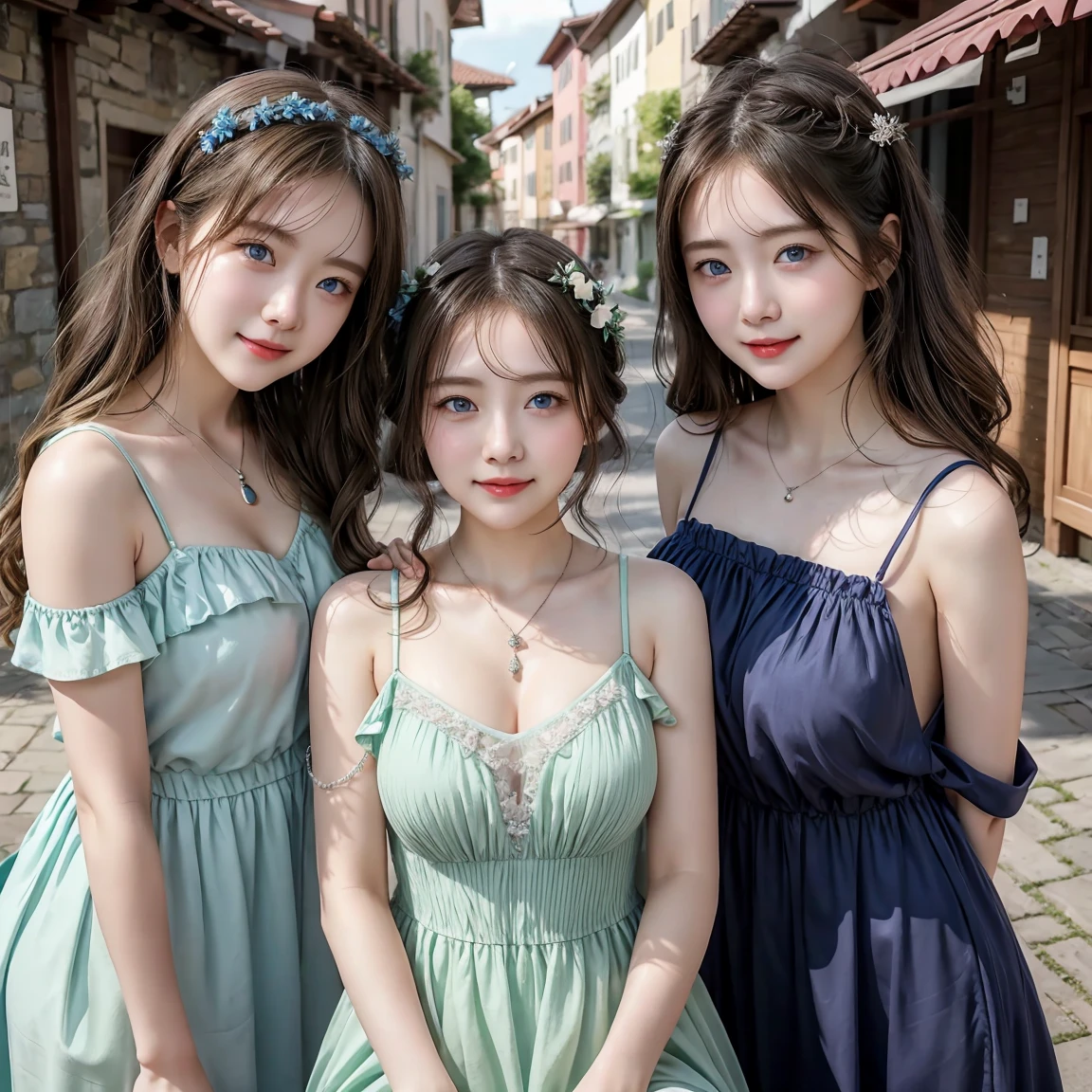 (3 girls),smile、Look into the camera、necklace、((The dress is longer.、Random color、gorgeous dresove the shoulder strap.、I&#39;m about to take off my dress.))，There is a blanket covering the whole body. The material is smooth and flexible.、exposed upper arms、Long, knee-length socks. Extra long twin tail hair、close range shooting、Flower Hair Ornaments、Blindfold、Garter、Squat with legs wide apart. A masterpiece., Highest quality, 8ก, beautiful girl, young face、 photography, Cute face, thigh,in the stream,、รอยsmile、small waist, blue eyes naked (((The chest is erect.)))(((round chest)))(((big breasts:1.2))) ((Busty)