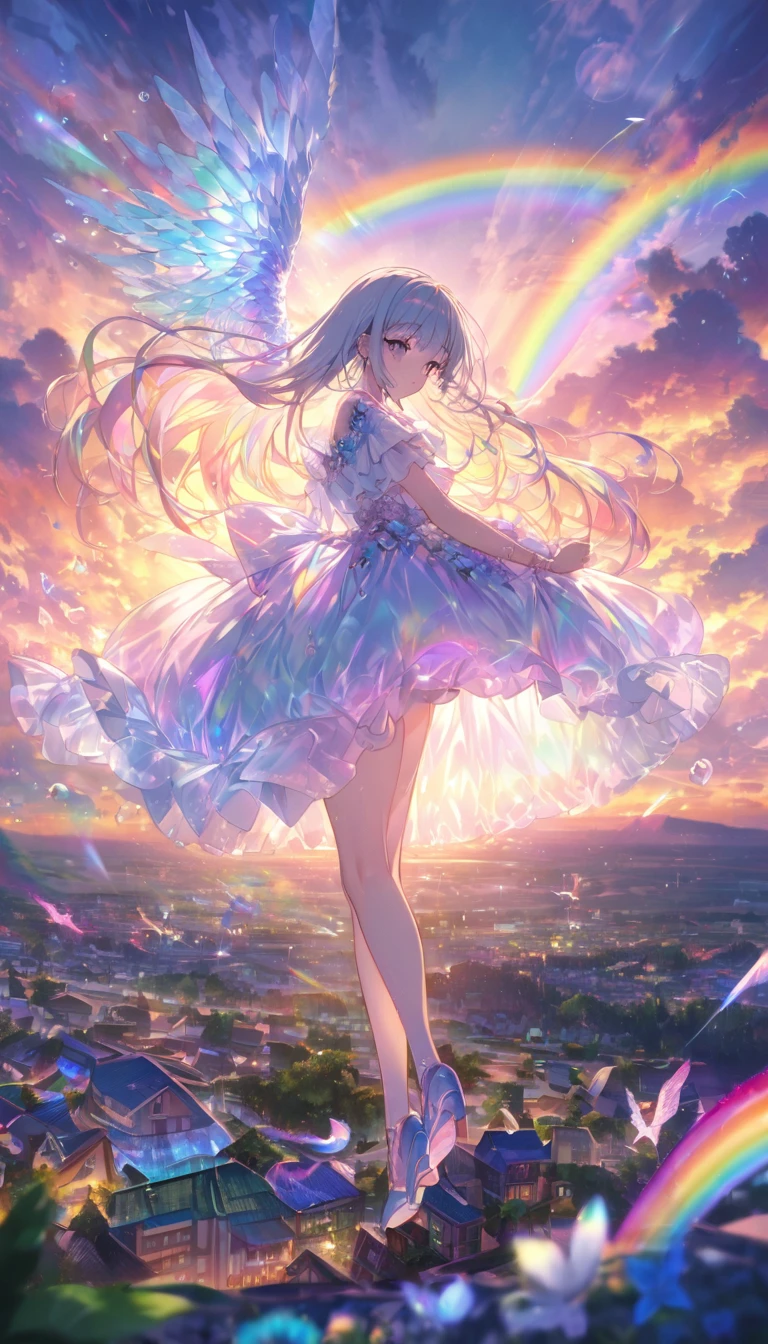 rainbow色の傘、Angel Umbrella, Detailed landscape, sunrise, rainbow, Rainy Town, horizon, In the sky, cloud、rainbow色のcloud , Lens flare, colorful, An atmosphere full of dreams and hope,masterpiece.16K, Ultra-high resolution, to be born,wonderful ,future、rainbow色の、The world 30 years from now。