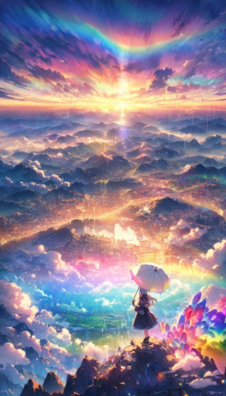 rainbow色の傘、Angel Umbrella, Detailed landscape, sunrise, rainbow, Rainy Town, horizon, In the sky, cloud、rainbow色のcloud , Lens flare, colorful, An atmosphere full of dreams and hope，masterpiece．16K, Ultra-high resolution, to be born,wonderful ,future、rainbow色の、The world 30 years from now。