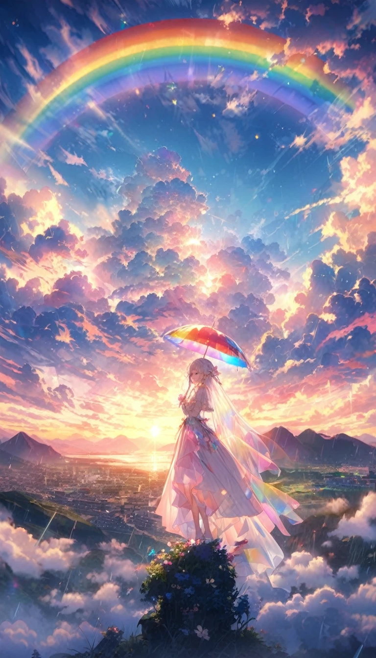 rainbow色の傘、Angel Umbrella, Detailed landscape, sunrise, rainbow, Rainy Town, horizon, In the sky, cloud、rainbow色のcloud , Lens flare, colorful, An atmosphere full of dreams and hope,masterpiece.16K, Ultra-high resolution, to be born,wonderful ,future、rainbow色の、The world 30 years from now。