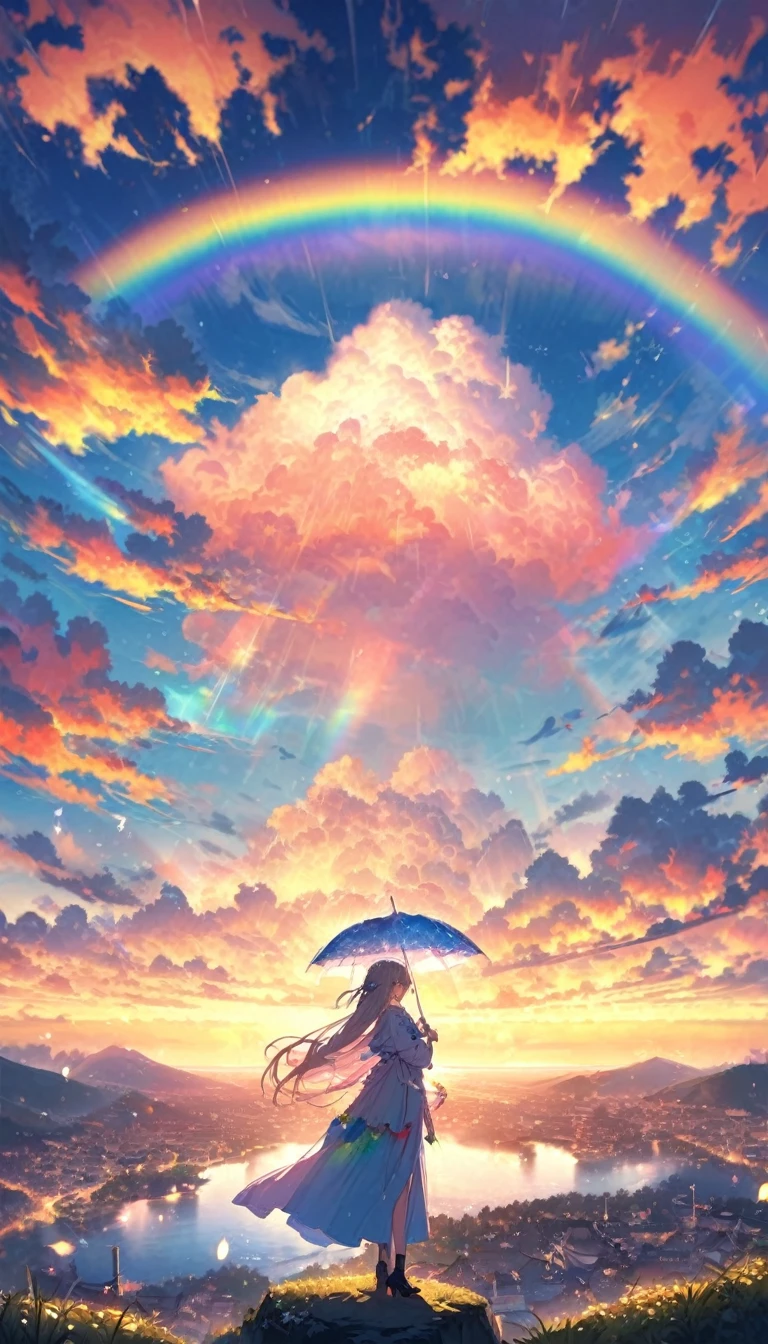 rainbow色の傘、Angel Umbrella, Detailed landscape, sunrise, rainbow, Rainy Town, horizon, In the sky, cloud、rainbow色のcloud , Lens flare, colorful, An atmosphere full of dreams and hope,masterpiece.16K, Ultra-high resolution, to be born,wonderful ,future、rainbow色の、The world 30 years from now。