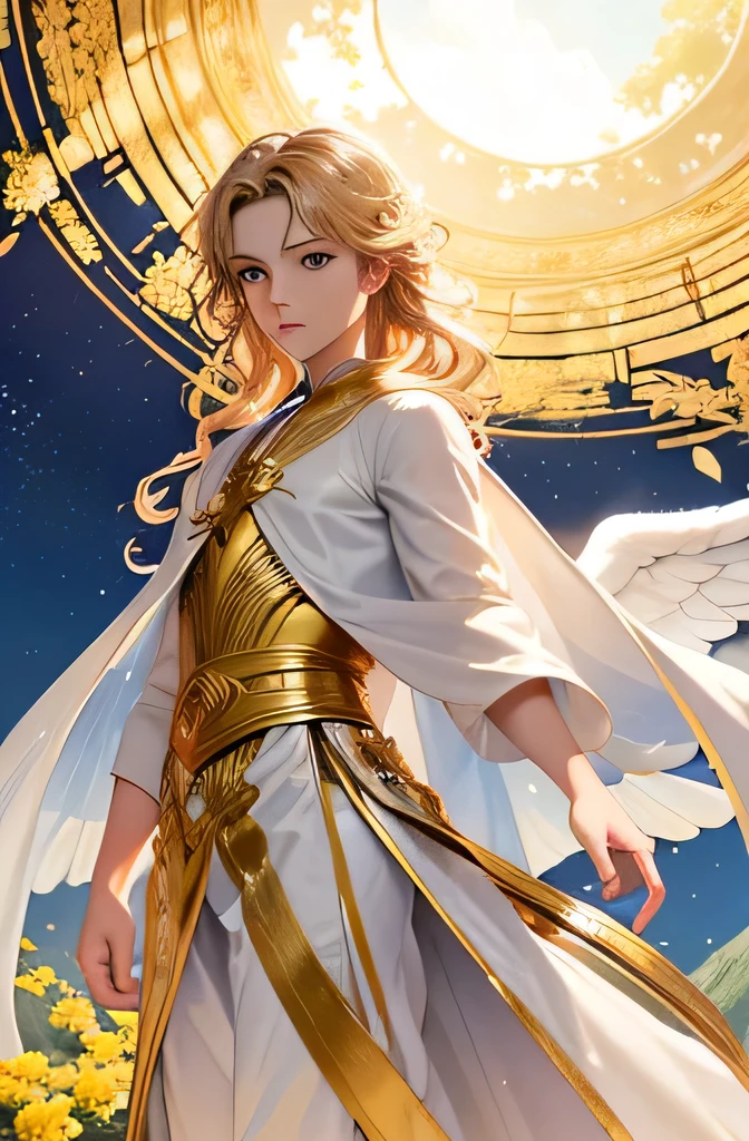 Create an image of a young man in a heavenly garden with golden light and bright flowers at dawn. The man must have fair skin, wavy blond hair, blue eyes, and a serene expression. He must have golden wings and be dressed in a white robe. The atmosphere must convey healing and protection. Use 8k resolution, with celestial fantasy rendering style. The lighting should be golden, with ultra-fine details. The image should tell the story of Raphael as a healing archangel, highlighting his aura of healing and protection in a heavenly garden. The face must be detailed, with lots of details.