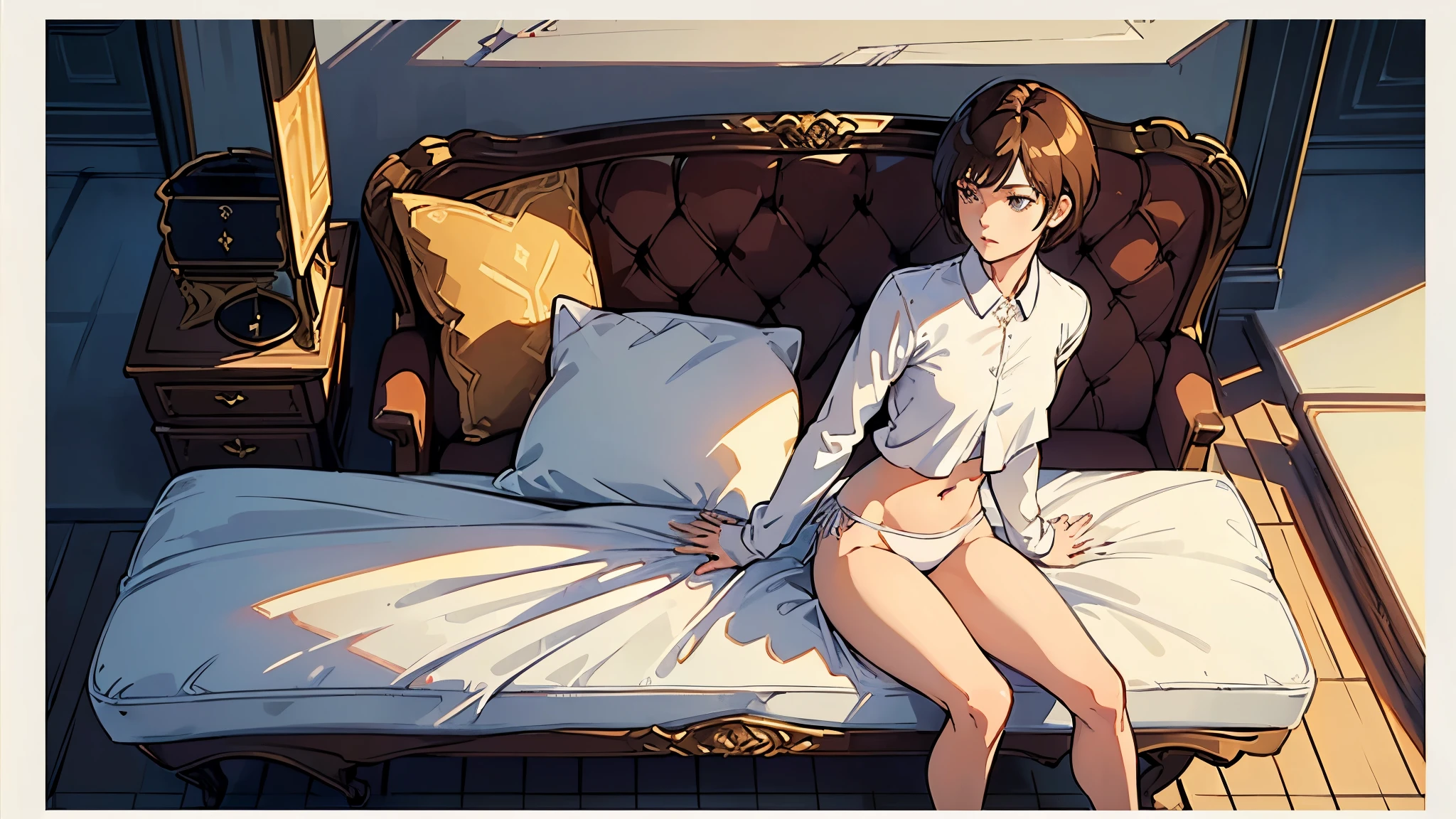 masterpiece,(Perfect Anatomy:1.5),from below, highest quality, a beautiful girl, slender, leggy, ((very short hair)), brown hair, (wear a white long sleeved shirt:1.5), white bikini panties , Perfect hands, Perfect body, reclining, lying on a sofa, throw one's legs over the sofa, (barefoot), ((looking away)), stare blankly into the distance, seduction, ((Exquisite detail)), Very finely crafted fingers(((10 fingers))), (full body showcase), (Show your whole body), (no background), (No logo), (from above) , high resolution, slightly visible her private part , slightly visible her belly button, telephoto lens