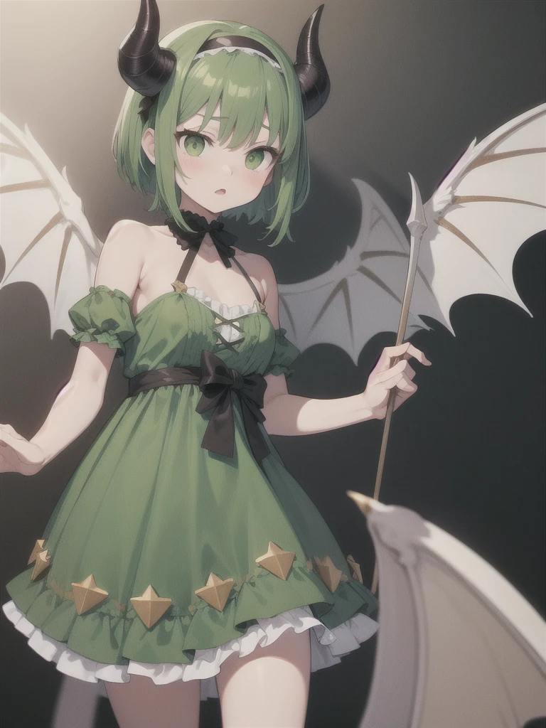 PADastaroth, wings, green hair, hairband, short hair, dress, frills, green eyes, green dress, demon horns, standing