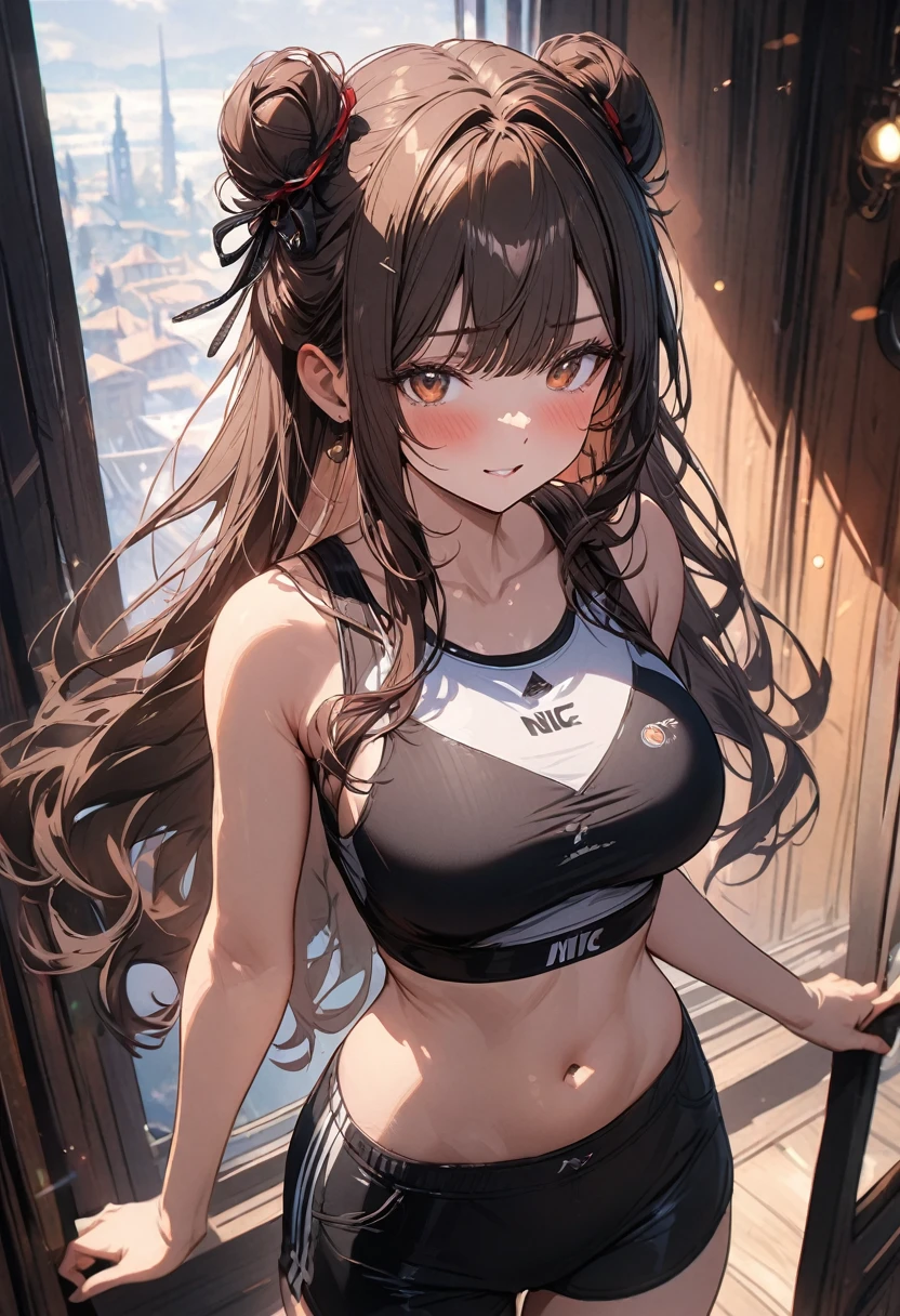 (masterpiece), best quality, very aesthetic, newest, absurdres, detailed, high quality
BREAK
highest quality, top quality, details, highres, ultra fine painting, digital art, official art, splash art, cinematic, 4k, 8k resolution, 8K CG wallpaper, original artwork, detailed background, High Dynamic Range, lens flare, blurry background, Starburst effects, crepuscular rays, good ISO, high resolution, wide shot, from far away, RAW photo, POV, sharp focus, light reflection, reflections, intricate details, soft light, particle noise, professional photography, bokeh, depth of field, studio lighting, vibrant colors, detailed lights and shadows, stylish, ultra-detailed, top rated on Pixiv, trending on Artstation, niji style, modern-days, master crafted, pose
BREAK
solo, (close up), from above, 1girl, pale skin, correct fingers, detailed hand, (big toned breasts:1.2), big thighs, small torso, short body, flushtered, blush, anxious expression, embarassed, embarassed act, casual, slim, ((cute, childlike face):1.3), nice body, nice hips, brown hair, (very long flowing hair, 2 buns hairstyle), long bangs, long hair, middle hair bangs, brown eyes
BREAK
(strap sports bra, (small sports shorts), branded clothing, modest, detailed tummy, belly button, sporty style)
BREAK
Indoors apartment background