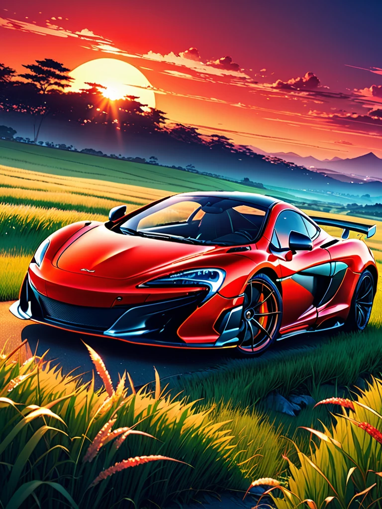 anime landscape of A pearl super laser vivid red metalic pearl color classic McLaren 675 LT sport sits in a field of tall grass with a sunset in the background.beautiful anime scene, beautiful anime peace scene, Makoto Shinkai Cyril Rolando, beautiful anime scene, amazing wallpaper, anime art wallpaper 8k, anime background, artistic anime background, anime wallpaper 4k, anime art 4k wallpaper, anime wallpaper art 4k,