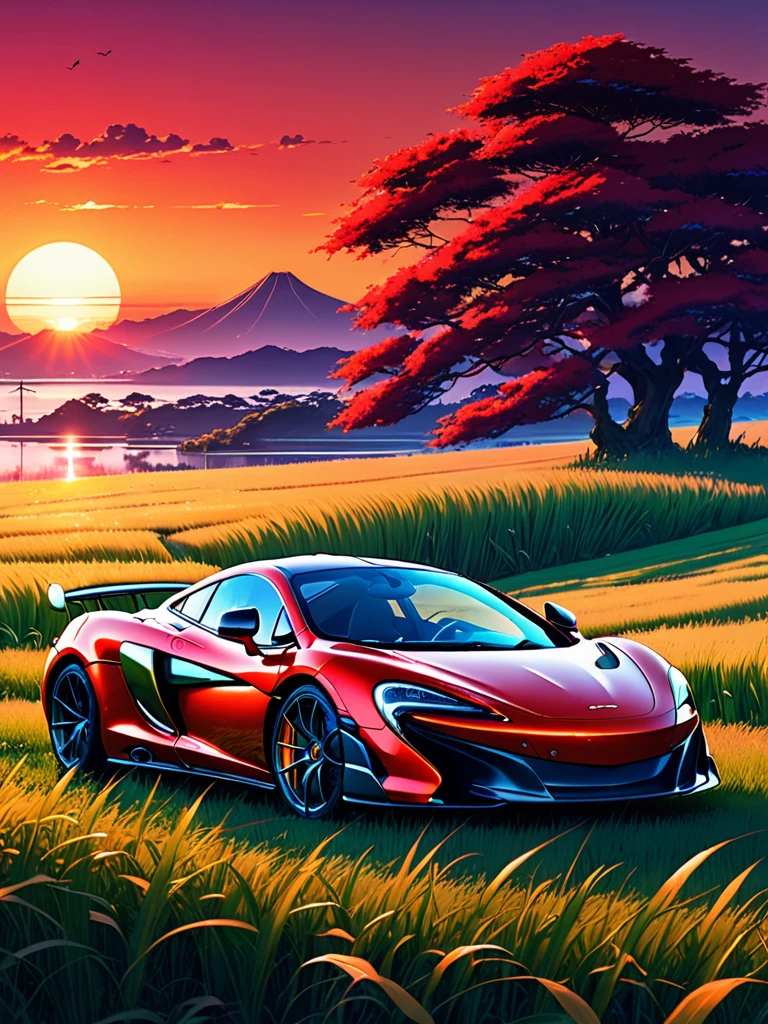 anime landscape of A pearl super laser vivid red metalic pearl color classic McLaren 675 LT sport sits in a field of tall grass with a sunset in the background.beautiful anime scene, beautiful anime peace scene, Makoto Shinkai Cyril Rolando, beautiful anime scene, amazing wallpaper, anime art wallpaper 8k, anime background, artistic anime background, anime wallpaper 4k, anime art 4k wallpaper, anime wallpaper art 4k,