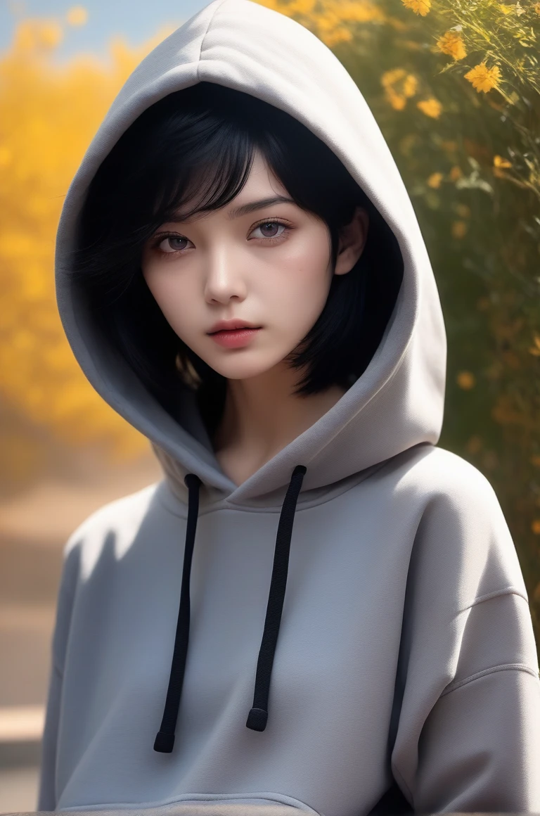 photography, (masterpiece, best quality, Practical:1.5), (real picture:1.4), high quality fingers, 8K, RAW photos, Beautifully, Practical background, 1 Girl, portrait, Solitary, (grey:1.1) hoodie, Black short hair, Delicate face, rich and colorful, Looking at the audience, callous, Shut up, Sunlight, (Face Shadow:1.2),