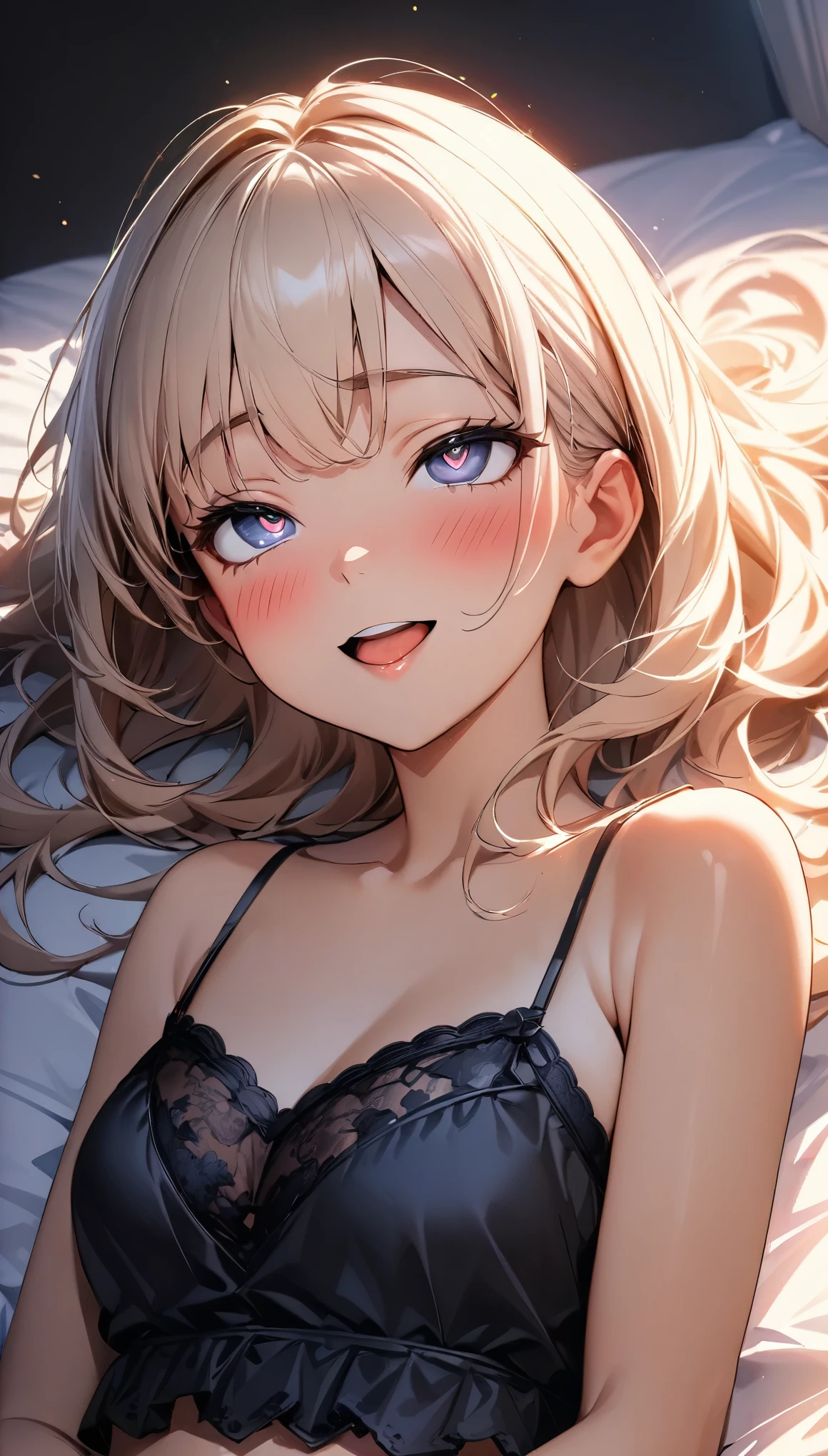 (Highest quality:1.2, Very detailed, up to date, Vibrant, 超High resolution, High Contrast, masterpiece:1.2, Highest quality, Best aesthetics), (((1 girl))), A carefully painted bedroom, lingerie, Professionalism, Bright colors, Soft lighting, Expressive eyes, Detailed lips, Long eyelashes, Pleasant atmosphere, incite inferiority, Obscene eyes, Lewd smile, Open your mouth, blush, Ahegao:1.4, ((camisole, 黒シースルーlingerie, Lying on your back in bed:1.2)), Positive Energy, Calm background, A nurturing presence, High resolution, Correct perspective, (Soft focus throughout).