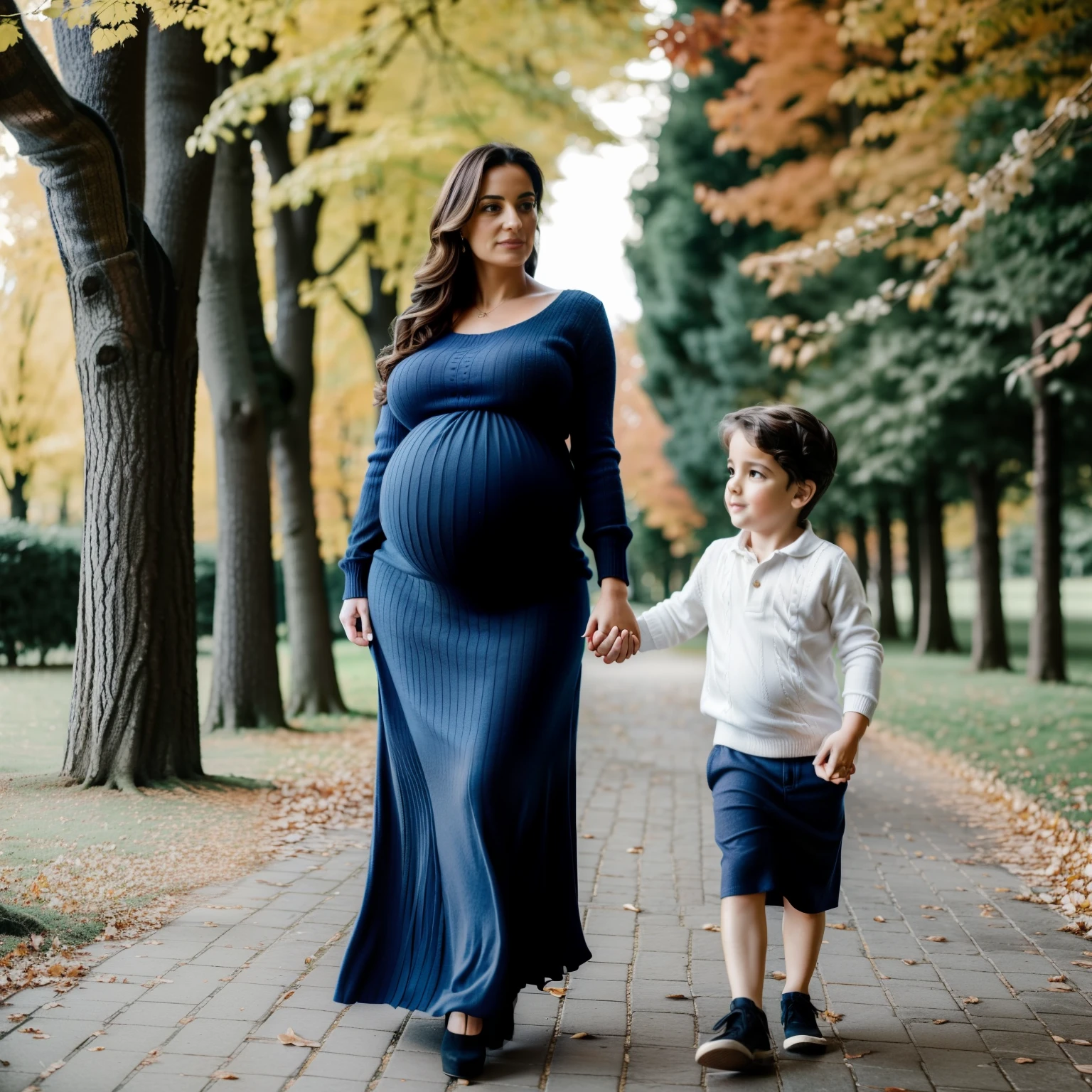 fine art portrait of a very elegant 35yo European woman, highest quality, sexy face high resolution, Eleonora Pavinat 35yo old, woman, sexy loose sweater, sexy loose skirt, very long loose skirt, woman with extremely huge breasts, plus size, pregnant belly, extremely erotic lady, walking in the park with her little son,  (((holding hand with her little son))).