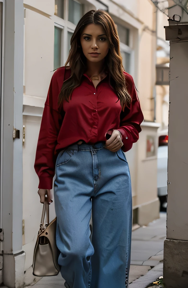 Russian, latin, milf, wearing red oversized shirt, jeansy baggy pant, fashion, influence , realistic skin