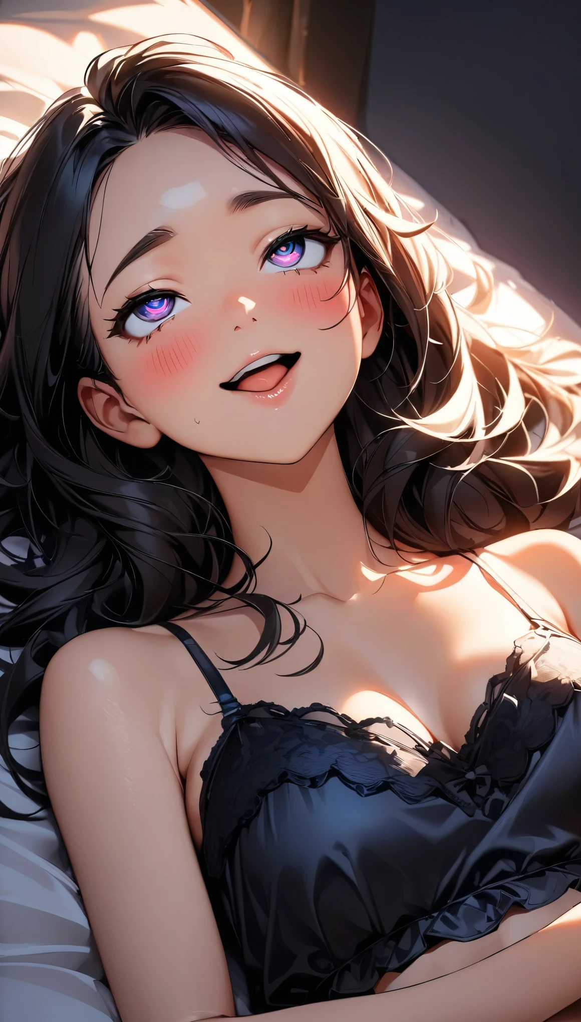 (Highest quality:1.2, Very detailed, up to date, Vibrant, 超High resolution, High Contrast, masterpiece:1.2, Highest quality, Best aesthetics), (((1 girl))), A carefully painted bedroom, lingerie, Professionalism, Bright colors, Soft lighting, Expressive eyes, Detailed lips, Long eyelashes, Pleasant atmosphere, incite inferiority, Obscene eyes, Lewd smile, Open your mouth, blush, Ahegao:1.4, ((camisole, 黒シースルーlingerie, Lying on your back in bed:1.2)), Positive Energy, Calm background, A nurturing presence, High resolution, Correct perspective, (Soft focus throughout).