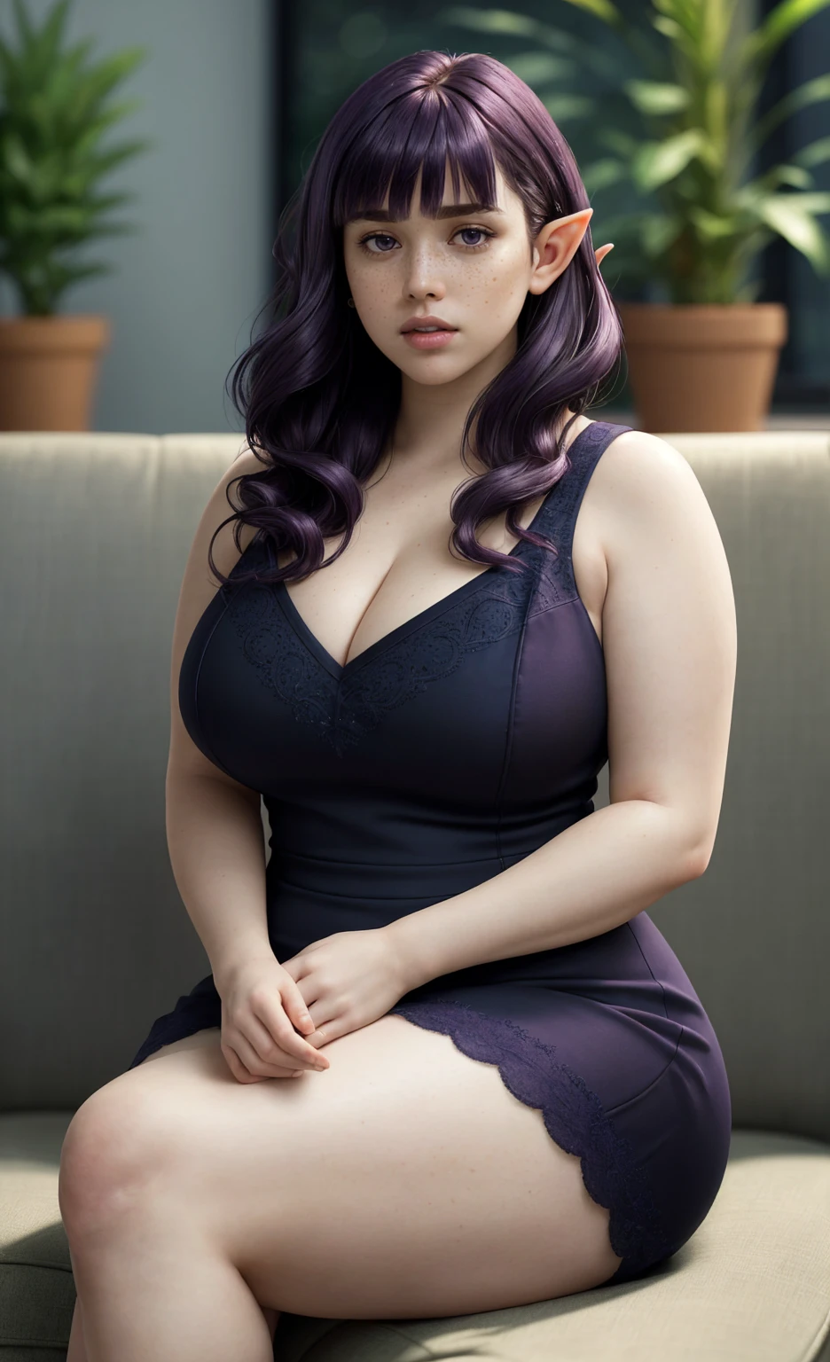 (masterpiece), (extremely intricate:1.3), (realistic), freckles, pale skin, (wavy dark purple hair with bangs and a fringe:1.2), (elf ears:1.1), portrait of a girl, short and curvy body type, chubby, thick, huge perfect , heaving bosom, thighs, the most beautiful in the world, (v-sleeveless manager dress), detailed textures, (tattoos on arms), heavy makeup, in a trendy office building, sitting on a sofa in a room with lots of potted plants, sitting cross legged, professional photograph of a stunning woman detailed, looking at the camera, alluring stare, dreamlike quality, detailed eyes, sharp focus, dramatic, award winning, cinematic lighting, octane render unreal engine, volumetrics dtx, (film grain, blurry background, blurry foreground, bokeh, depth of field, motion blur:1.3)