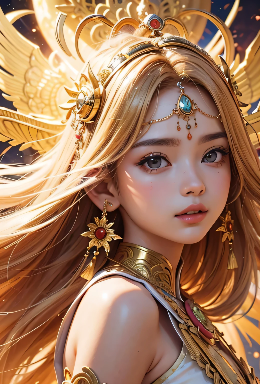 "Child of the Sun, Goddess of Love": Within a sacred sanctuary bathed in sunlight, depict the figure of a sun goddess who governs love, facing forward and emanating divine radiance. She is a , around 3 years old. Zoom in to focus on her face, with a gleaming orb of light in her hands, representing the life-giving power of the sun. Her hair is shimmering gold, and she is wearing a traditional miko outfit as seen in Japanese shrines. The background should be predominantly gold, evoking a sense of divine splendor, with numerous heart-themed objects expressing the beauty of love. The setting is in heaven, enveloped in soft, bright light, where one can find tranquility and peace of mind, free from any trace of anxiety.Straight-on.