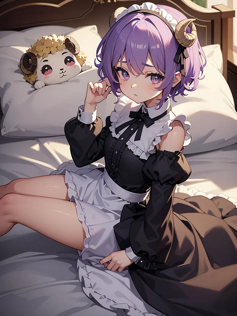 Sheep girl in maid clothes, heavily curly and short hair, bust size A, eyes lilac eyes, with a cute and adorable expression, she is near a bed