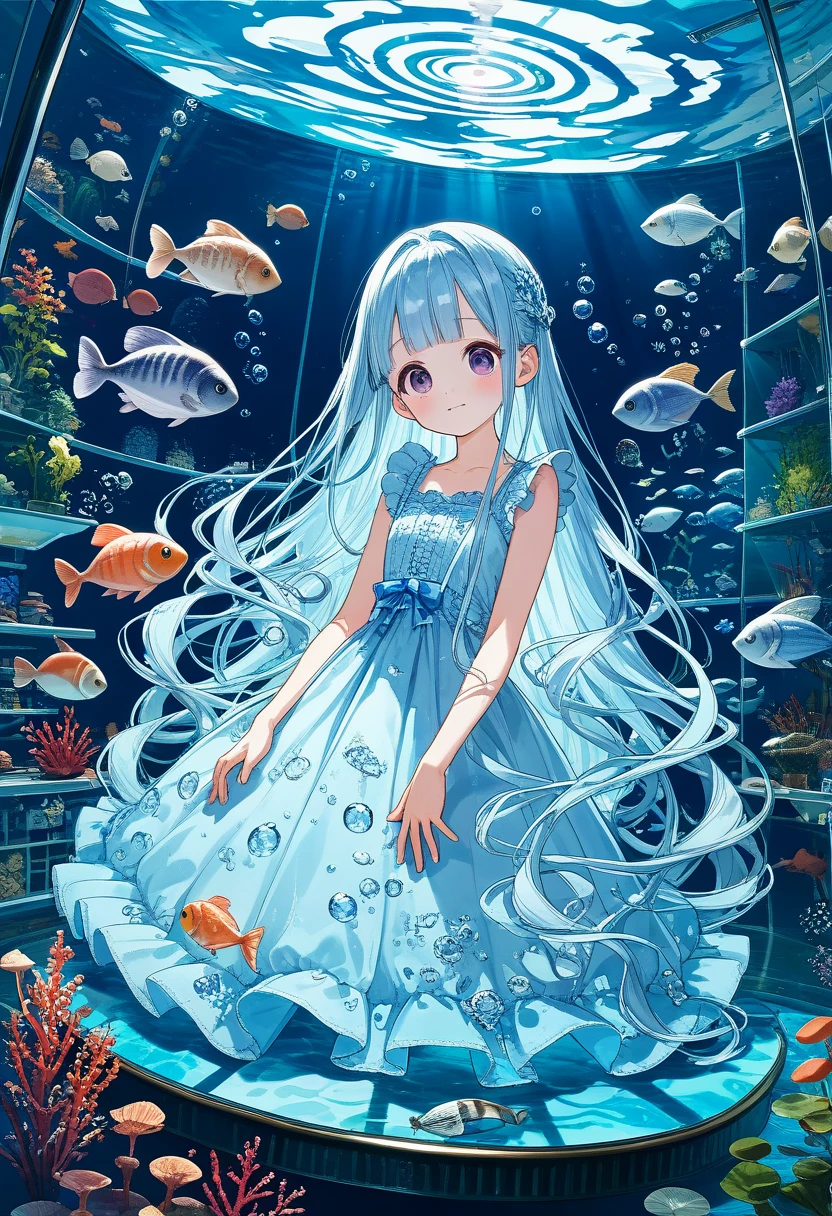 masterpiece, best quality, extremely detailed, (illustration, official art:1.1), 1 girl ,(((( light blue long hair)))), ,(((( light blue long hair)))),light blue hair, , long hair ((blush)) , cute face, big eyes, masterpiece, best quality,(((((a very delicate and beautiful girl))))),Amazing,beautiful detailed eyes,blunt bangs((((little delicate girl)))),(((tareme))),droopy eyes.(true beautiful:1.2), sense of depth,dynamic angle,,,, affectionate smile, (true beautiful:1.2),,(tiny 1girl model:1.2),)(flat chest),1 Girl, alone,Purple eyes, Long Hair, blunt bangs, bangs,(girl it look at See the one sharks ), aquarium, Glass tunnel, sea creature, school of fish, illumination, Blue light, Aquarium, reflection, adventure, excited, Light effects, mysterious 