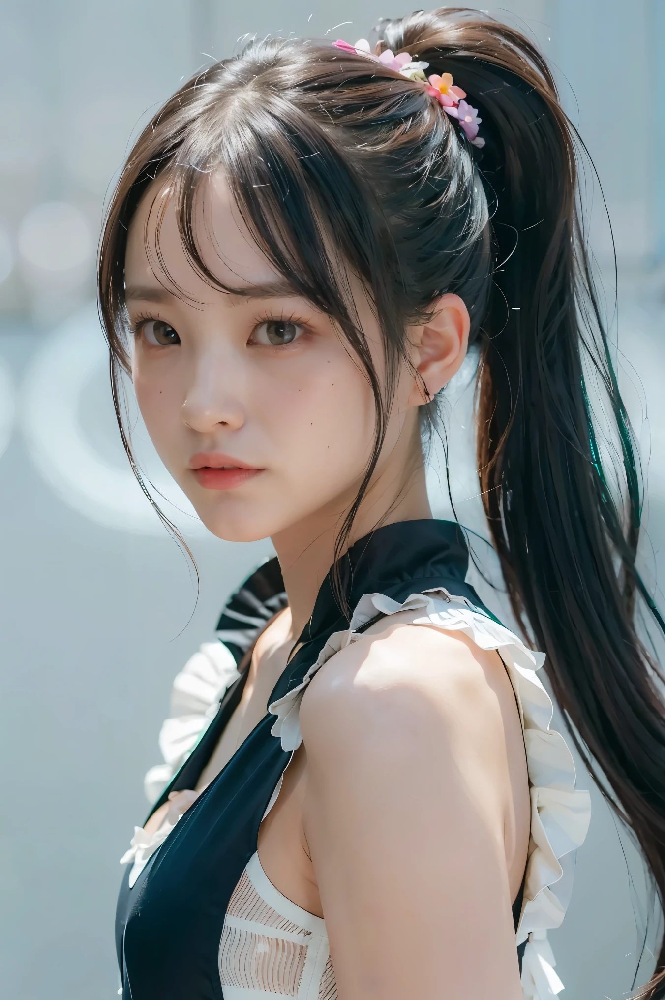 (masterpiece), (best quality), (ultra detailed),(disheveled hair),(illustration), (1girl), (Fashionable clothing), standing, Fashion model, looking at viewer, (interview), (simple background),beautiful detailed eyes, delicate beautiful face, Floating,(high saturation),(colorful splashes),colorful bubble,(shining), focus on face,  ponytail, kamisato ayaka, light blue hair, bangs, hair ring, floating flowers, floating hairs, (shining), best lighting, best shadow,