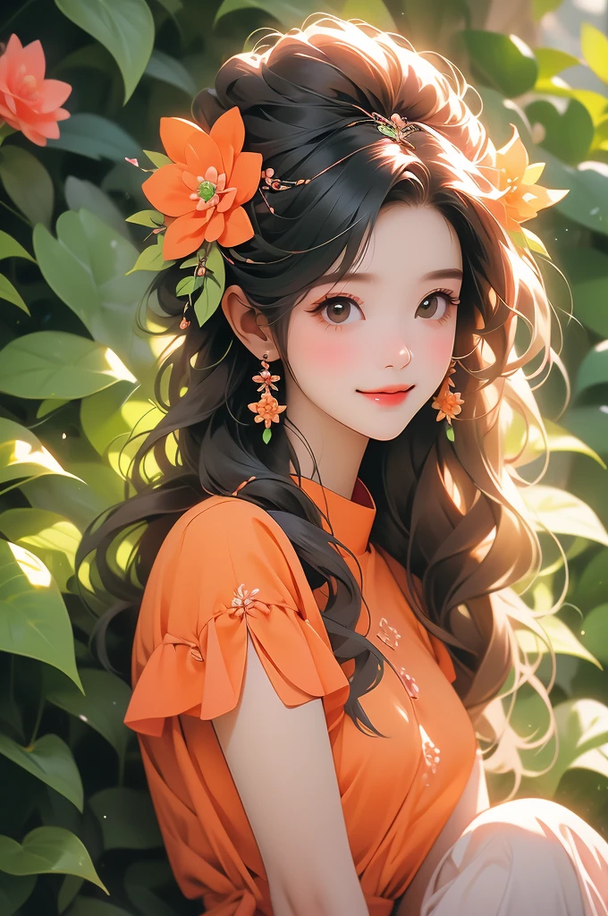 woman with orange shirt and pink flower in hair in front of green flower wall, 1girl, solo, flower, jewelry, hair ornament, earrings, hair flower, red nails, smile, long hair
