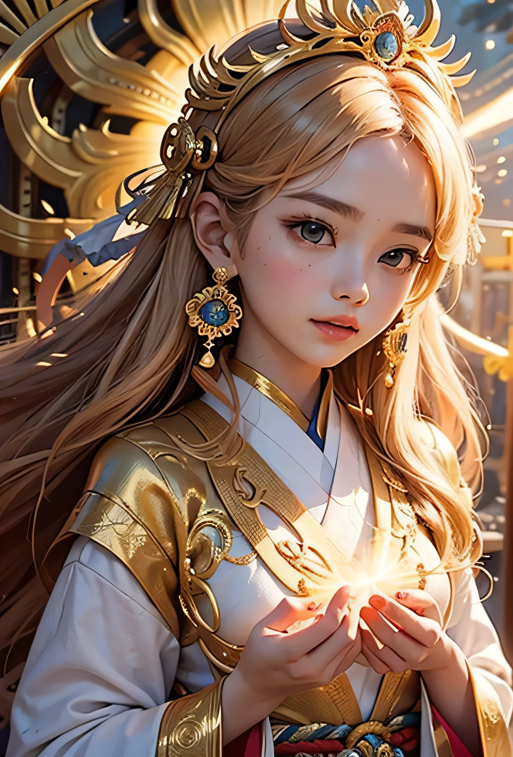 "Child of the Sun, Goddess of Love": Within a sacred sanctuary bathed in sunlight, depict the figure of a sun goddess who governs love, facing forward and emanating divine radiance. She is a , around 3 years old. Zoom in to focus on her face, with a gleaming orb of light in her hands, representing the life-giving power of the sun. Her hair is shimmering gold, and she is wearing a traditional miko outfit as seen in Japanese shrines. The background should be predominantly gold, evoking a sense of divine splendor, with numerous heart-themed objects expressing the beauty of love. The setting is in heaven, enveloped in soft, bright light, where one can find tranquility and peace of mind, free from any trace of anxiety.Straight-on.
