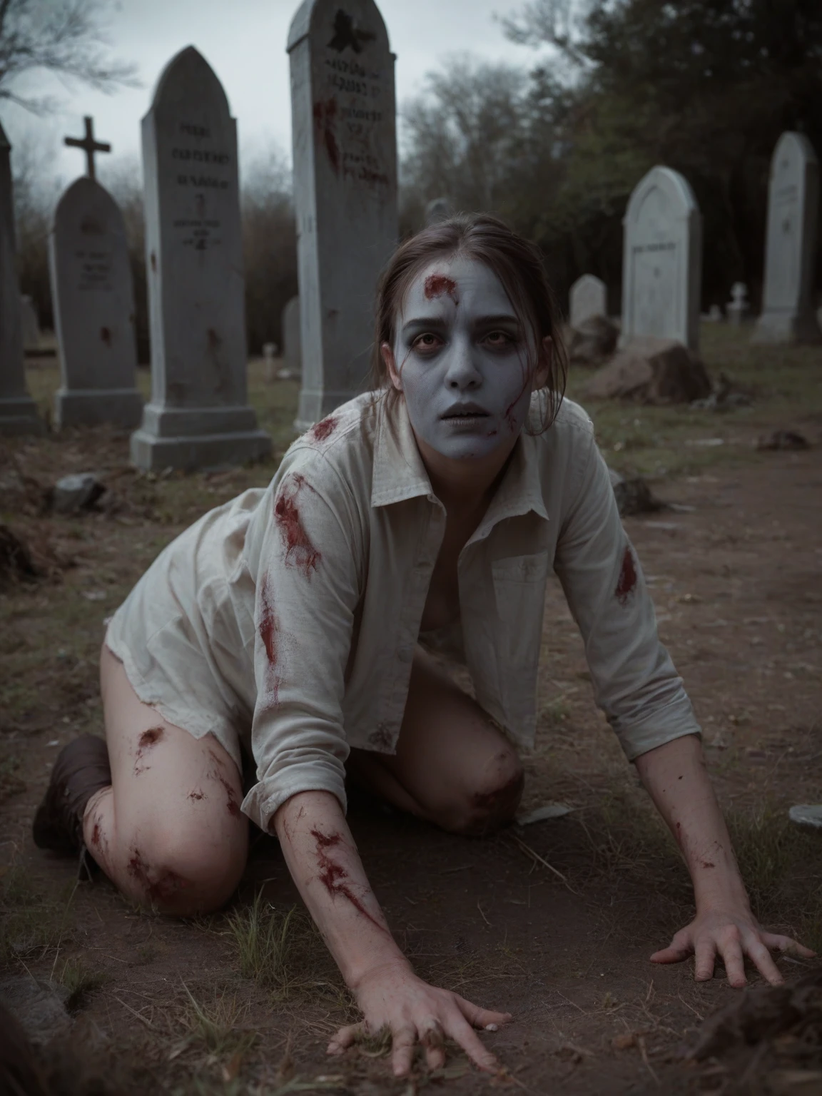 score_9, score_8_up, score_7_up, score_6_up, score_5_up, score_4_up, realistic style, photo, photorealism, high detail, a zombie crawling out of the ground in a graveyard, high quality, realistic, 4K, Strong Focus, tag1, tag2