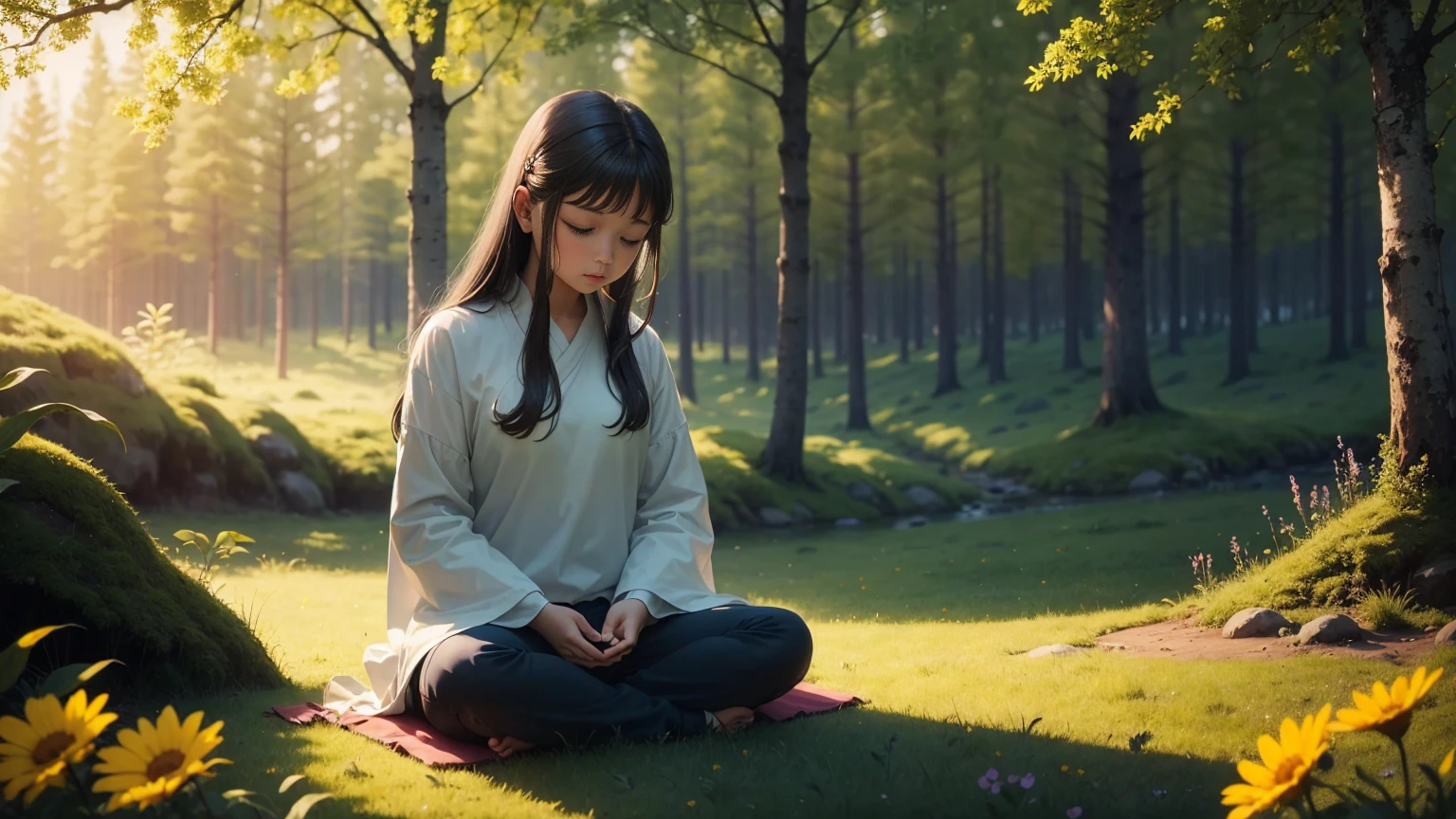 A photo of a girl meditating, surrounded by nature, like a peaceful forest or a field full of colorful flowers..
This image conveys a sense of serenity, connection with nature and an atmosphere of peace, which is consistent with the tone of the prayer.
