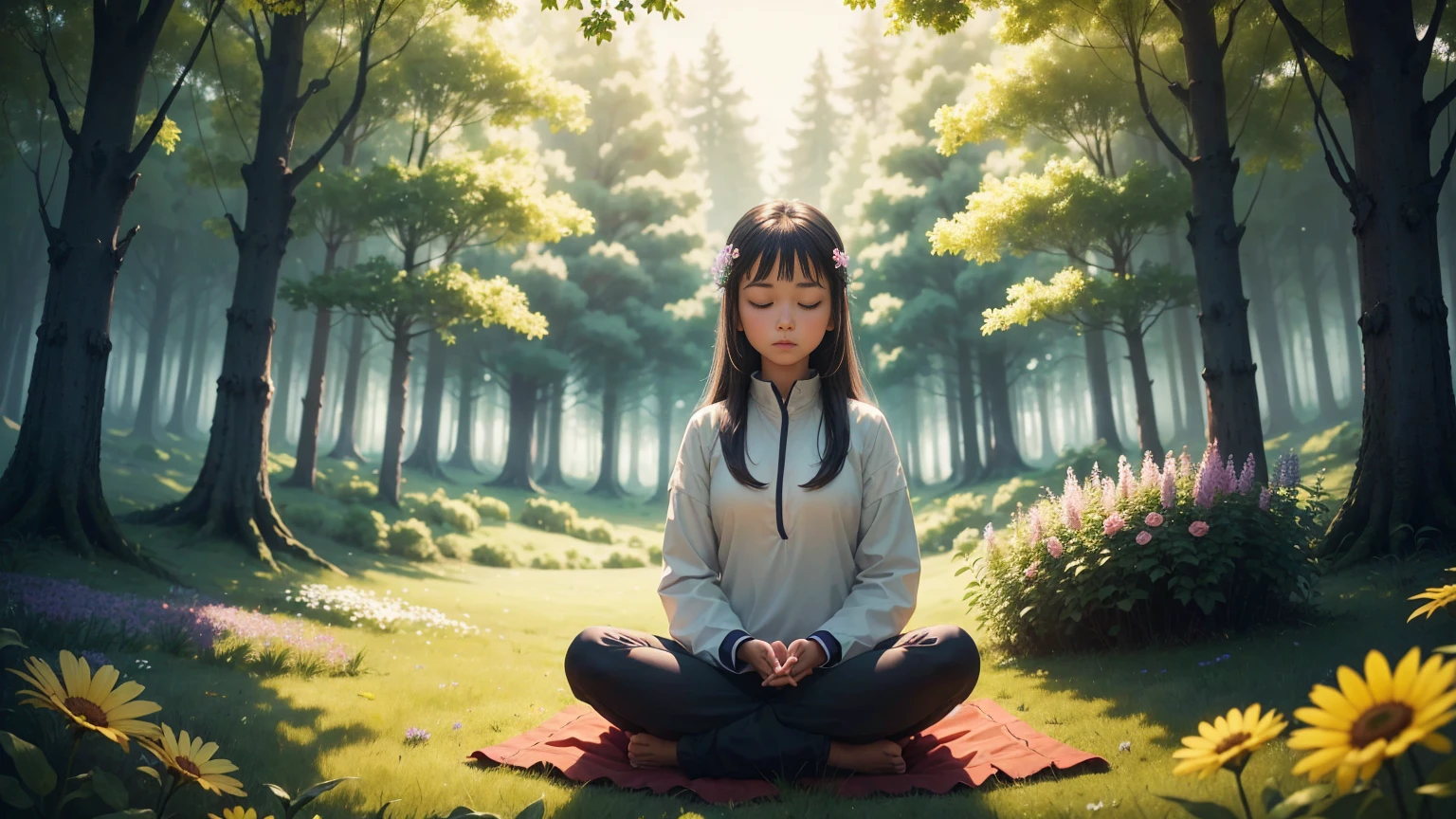 A photo of a girl meditating, surrounded by nature, like a peaceful forest or a field full of colorful flowers.. 
This image conveys a sense of serenity, connection with nature and an atmosphere of peace, which is consistent with the tone of the prayer.