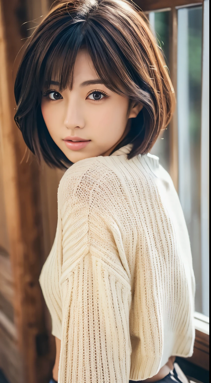 best quality, 8K, 32K, masterpiece, Ultra HD: 1.3), Attractive Japanese women pictures, A girl, (Large target: 1.0), Abdominal muscles, Perfect body, (Oversized waist sweater : 1.1), (boots:1.1), Ultra-detailed face, Delicate lips, Beautiful eyes, Double eyelids,short hair,Messy hair,