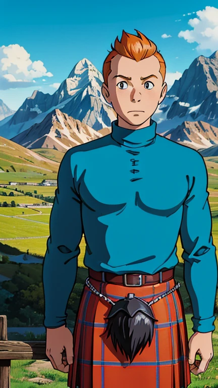 (s:1boy: Tintin,s_kilt), (extremely detailed CG unit 8k wallpaper),(master part), (best quality), (ultra detali), (best illustration),(melhor ombre), cowboy shot, (Sharp eyeliner, ombre, detailed eyes:1), mountains in the background, Castle ruin, ,break , (ghibli style), upper body,short hair, orange hair, blue long Sleeve turtleneck shirt