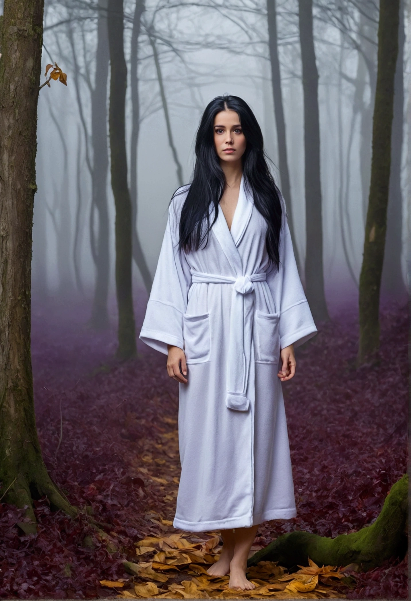 Morning fog in the forest. Full body portrait of woman in oil painting.She walked barefoot on the soft dead leaves. Wearing a white dressing gown.Her long black hair hangs down casually.She has a beautiful face.But with a sad look.Lovely eyes seem to know all the secrets.She turned towards the deep purple mist in the distance on the left side of the screen..Go further and further Go further and further..