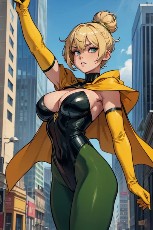 charlieBS, blonde hair, hair bun, short hair, , cleavage, cape, yellow gloves, elbow gloves, green pantyhose, green footwear, green pants, web swinging, spider web, city, in the air, superhero