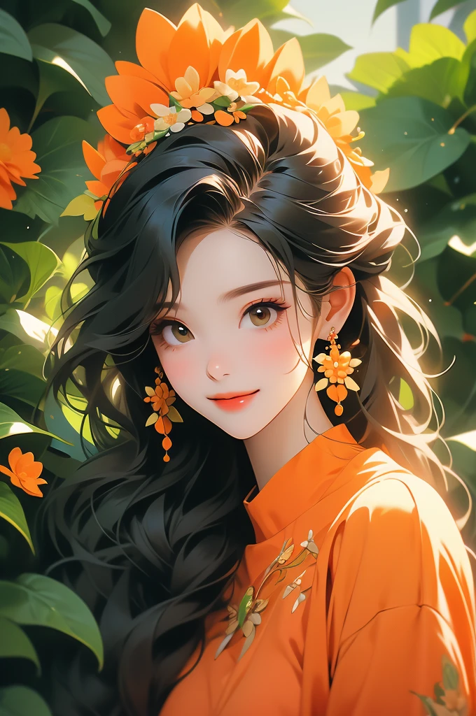 woman with orange shirt and orange flower in hair in front of green flower wall, 1girl, solo, flower, jewelry, hair ornament, earrings, hair flower, red nails, smile, long hair

