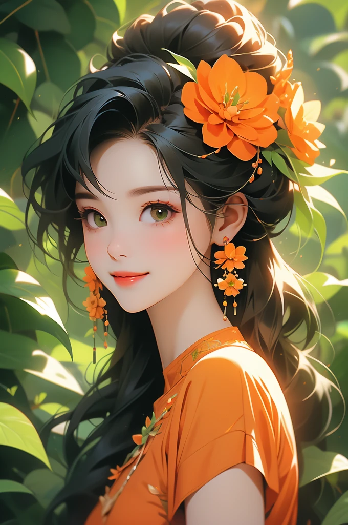 woman with orange shirt and orange flower in hair in front of green flower wall, 1girl, solo, flower, jewelry, hair ornament, earrings, hair flower, red nails, smile, long hair
