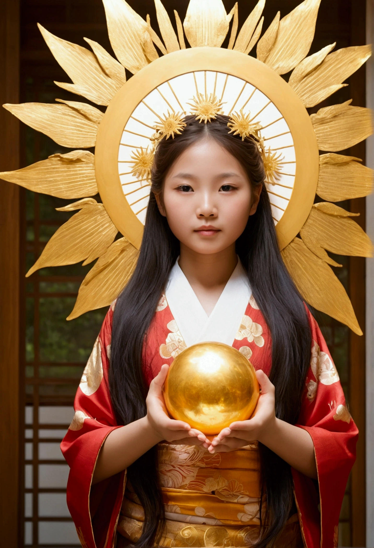 "Child of the Sun, Goddess of Love": Within a sacred sanctuary bathed in sunlight, depict the figure of a sun goddess who governs love, facing forward and emanating divine radiance. She is a , around 3 years old. Zoom in to focus on her face, with a gleaming orb of light in her hands, representing the life-giving power of the sun. Her hair is shimmering gold, and she is wearing a traditional miko outfit as seen in Japanese shrines. The background should be predominantly gold, evoking a sense of divine splendor, with numerous heart-themed objects expressing the beauty of love. The setting is in heaven, enveloped in soft, bright light, where one can find tranquility and peace of mind, free from any trace of anxiety.Straight-on.