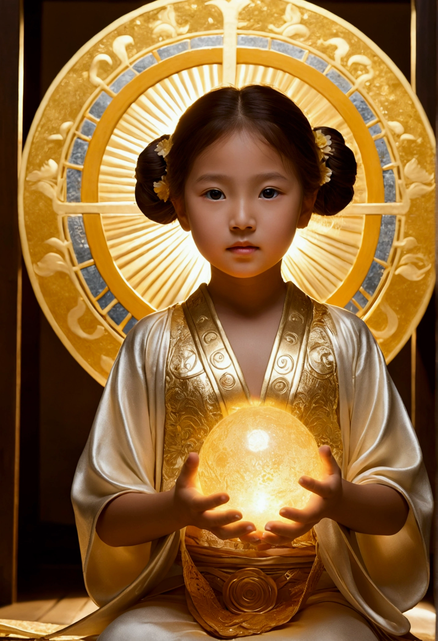 "Child of the Sun, Goddess of Love": Within a sacred sanctuary bathed in sunlight, depict the figure of a sun goddess who governs love, facing forward and emanating divine radiance. She is a , around . Zoom in to focus on her face, with a gleaming orb of light in her hands, representing the life-giving power of the sun. Her hair is shimmering gold, and she is wearing a traditional miko outfit as seen in Japanese shrines. The background should be predominantly gold, evoking a sense of divine splendor, with numerous heart-themed objects expressing the beauty of love. The setting is in heaven, enveloped in soft, bright light, where one can find tranquility and peace of mind, free from any trace of anxiety.Straight-on.