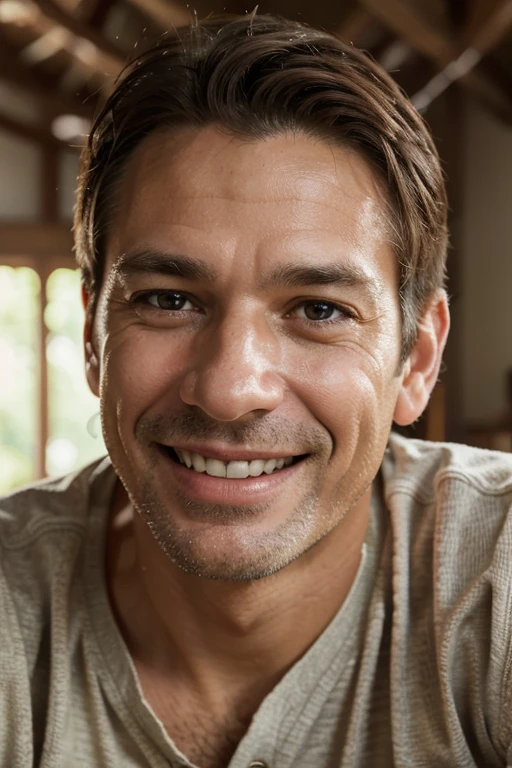 a happy man, portrait of a smiling middle-aged man with warm expression, detailed face, beautiful eyes, full lips, charming smile, wearing a casual shirt, mid-shot indoor setting, natural lighting, vibrant colors, soft focus, intricate details, photorealistic, highly detailed, 8k, best quality, masterpiece