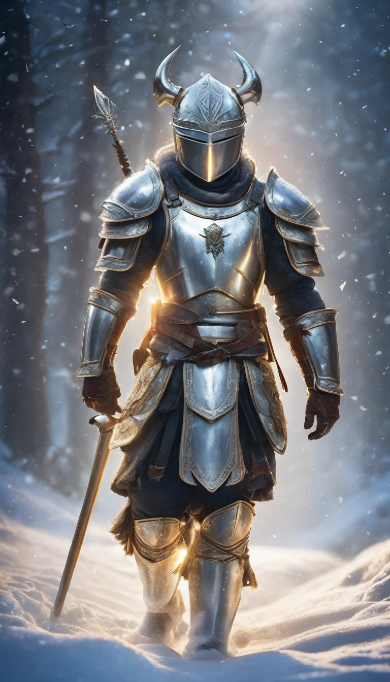 warrior in snow-white armor with engraving  on armor , night snow falls, snowflakes   epic moment, a lot of special effects, digital art,glamour shot,full-body shot,polarizing filters,macro lenses,multiple exposure ,volume lighting,translucent,studio light,soft natural light,rim lighting,film light,flash ,dim light ,intricate artwork masterpiece,pixar style,minimal still life,pixar trend,mystical,mysterious,fantasy-like wind effects,dreamy glow,clean lines,cinema4