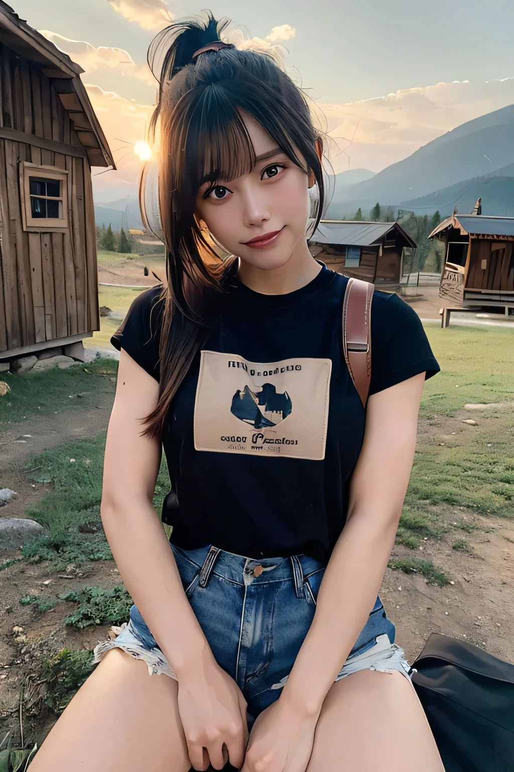 1 female, ponytail、Brown haired、jeans, T-Shirts((whole body, squat, smile, Happy)), Tabletop, Highest quality, Perfect Eyes, Perfect hands, Perfect Legs, Very detailed, alone, Plein Air, (sunset), Mountain landscape, nature, (performer, cloud) Hilarious, Backpack, sleeping bag, Camping stove, Water bottle, Flashlight, forest, Stony, river, wood, cigarette, Shadowy, contrast, style, (Warm shades, Warm Tones: 1.2), Cinematic Light, Side lighting, Ultra-high resolution, The best shade, born, wooden house, campfire