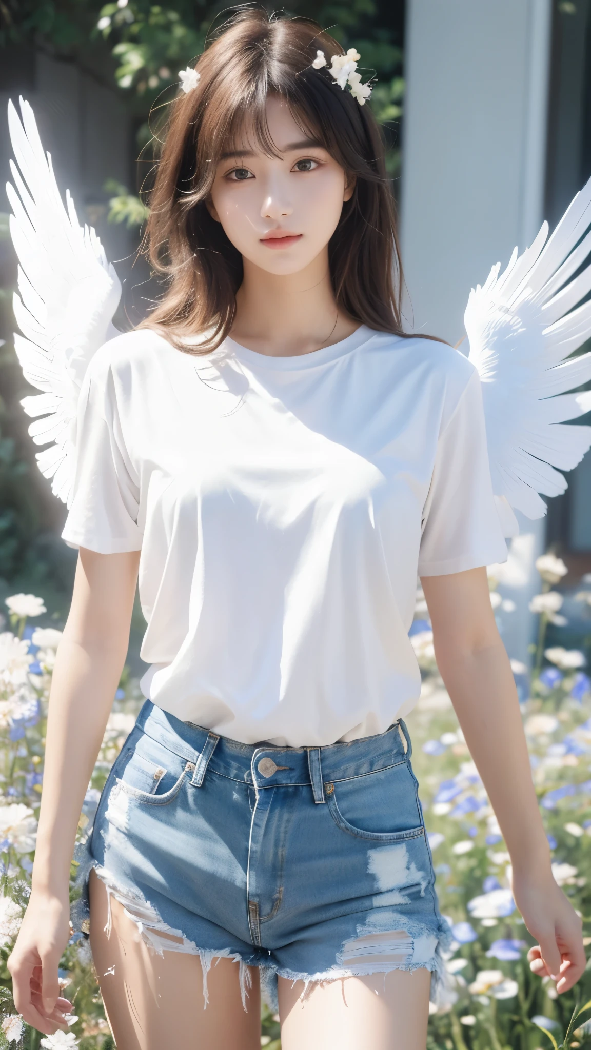 masterpiece, ((ultra detailed background, delicate pattern, intricate detail)), (highly detailed, fine detailest quality, beautiful lightinedium breasts, slim girl)), Conis, 1girl, solo, blonde hair, wings, twin braids, smile, t-shirt,jeans pants , blue eyes, bun, complex detailed background, blue sky, grass, trees, nature environment, (cowboy shot),