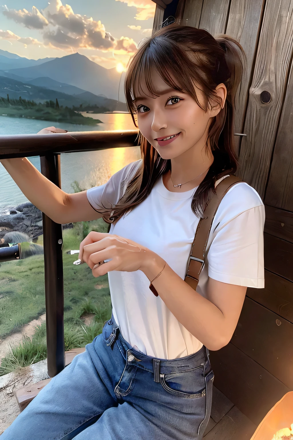 1 female, ponytail、Brown haired、jeans, T-Shirts((whole body, squat, smile, Happy)), Tabletop, Highest quality, Perfect Eyes, Perfect hands, Perfect Legs, Very detailed, alone, Plein Air, (sunset), Mountain landscape, nature, (performer, cloud) Hilarious,  Backpack, sleeping bag, Camping stove, Water bottle, Flashlight, forest, Stony, river, wood,  cigarette, Shadowy, contrast, style, (Warm shades, Warm Tones: 1.2), Cinematic Light, Side lighting, Ultra-high resolution, The best shade, born, wooden house, campfire