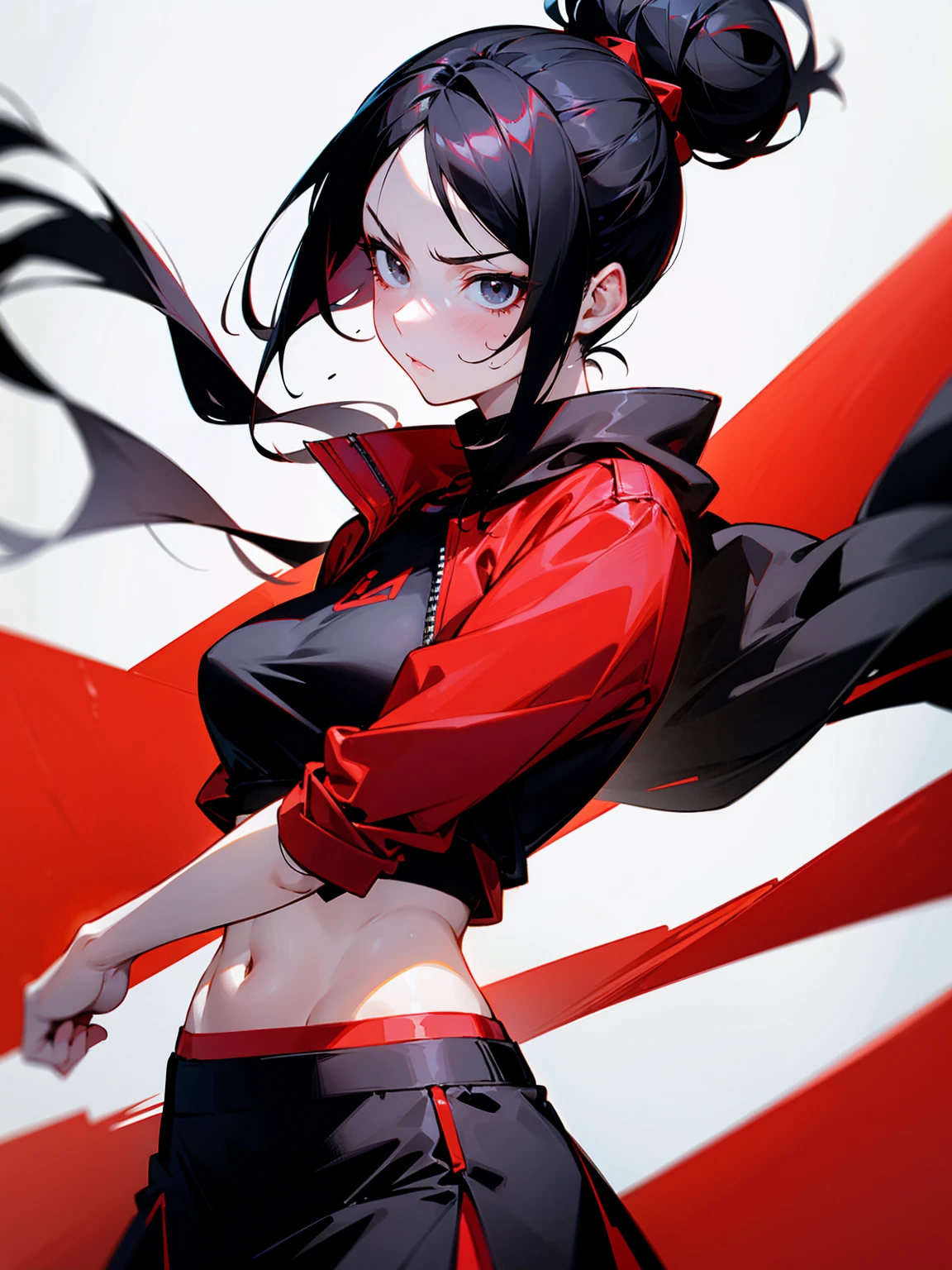 1female, black hair, long hair, straight hair, top bun hair, black eyes, red crop top jacket, black sweat shirt, red skirt, beautiful, serious