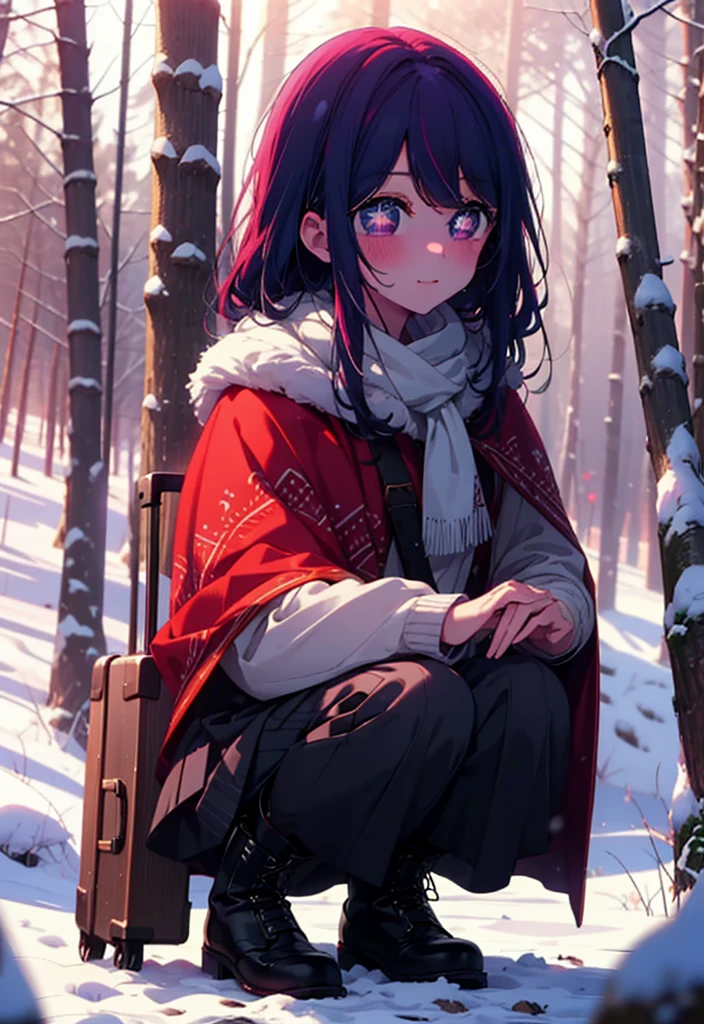 aihoshino, Ai Hoshino, Long Hair, bangs, (Purple eyes:1.1), Purple Hair, (Symbol-shaped pupil:1.5), smile,,smile,blush,white breath,
Open your mouth,snow,Ground bonfire, Outdoor, boots, snowing, From the side, wood, suitcase, Cape, Blurred, , forest, White handbag, nature,  Squat, Mouth closed, Cape, winter, Written boundary depth, Black shoes, red Cape break looking at viewer, Upper Body, whole body, break Outdoor, forest, nature, break (masterpiece:1.2), Highest quality, High resolution, unity 8k wallpaper, (shape:0.8), (Beautiful and beautiful eyes:1.6), Highly detailed face, Perfect lighting, Highly detailed CG, (Perfect hands, Perfect Anatomy),