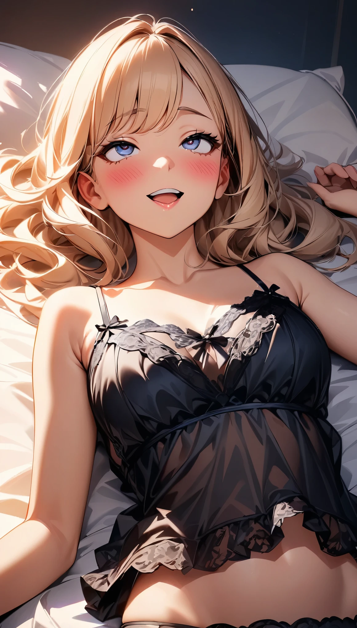 (Highest quality:1.2, Very detailed, up to date, Vibrant, 超High resolution, High Contrast, masterpiece:1.2, Highest quality, Best aesthetics), (((1 girl))), A carefully painted bedroom, lingerie, Professionalism, Bright colors, Soft lighting, Expressive eyes, Detailed lips, Long eyelashes, Pleasant atmosphere, incite inferiority, Obscene eyes, Lewd smile, Open your mouth, blush, Ahegao:1.4, ((camisole, 黒シースルーlingerie, Lying on your back in bed:1.2)), Positive Energy, Calm background, A nurturing presence, High resolution, Correct perspective, (Soft focus throughout).