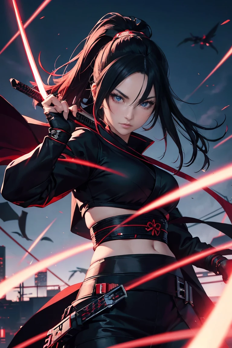 arafed woman in a black outfit the ninja, is depicted in a dynamic pose, holding a sword and a red leash, very beautiful cyberpunk samurai, portrait of a cyberpunk samurai, cyberpunk samurai, badass anime 8 k, cyberpunk assassin, goth ninja, female assassin, urban samurai, perfect eyes, crystal clear eyes, cyborg ninja, portrait ninja gaiden girl, ninja outfit, female cyberpunk anime girl, cyberpunk geisha, beautiful female assassin