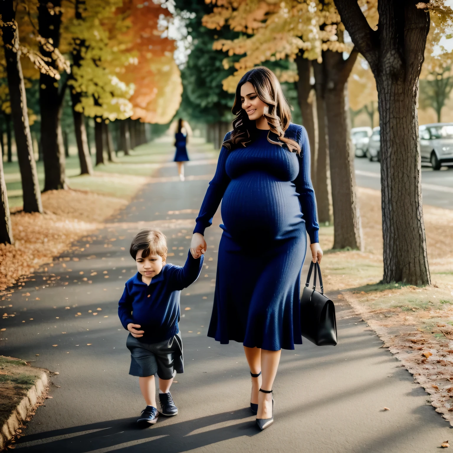 fine art portrait of a very elegant 35yo European woman, highest quality, sexy face high resolution, Eleonora Pavinat 35yo old, woman, sexy loose sweater, sexy loose skirt, very long loose skirt, woman with extremely huge saggy breasts, pregnant belly, extremely erotic lady, walking in the park with her little son,  (((holding hand with her little son))).