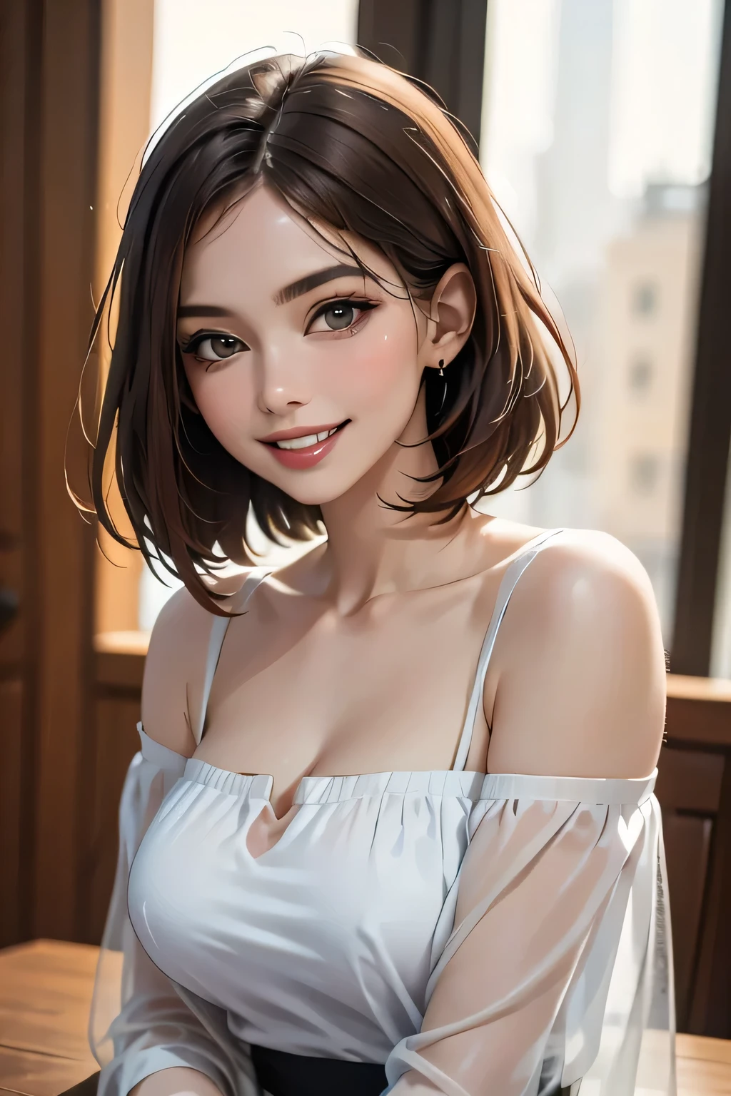 ((Realistic Light, Highest quality, 8k, Tabletop: 1.3)), 1 girl, Slim body beauty: 1.4, Brown Hair, (((Extra Large: 1.3)), Off-the-shoulder cut top: 1.3, Highly detailed face, Beautiful Eyes, double eyelid, My Room, smile, Cleavage, Saggy breasts, (((beauty of Saggy breasts))