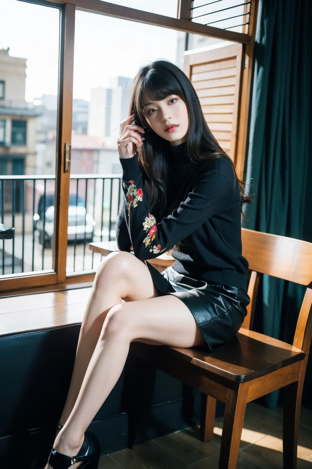 One girl,alone,View your viewers,skirt,High heels,Black Hair,Sitting,No sleeve,Black footwear,View your viewers,Long Hair,shirt,blue shirt,indoor,brown skirt,whole body,bangs,No sleeve shirt,window,
Highest quality,masterpiece,figure,Very delicate and beautiful,CG,Unity,8k wallpaper,wonderful,In detail,masterpiece,Official Art,Very detailed CG Unity 8k wallpaper,Incredibly absurd,Large file size,Very detailed,High resolution,Very detailed,Beautiful detailed girl,Realistic,Light contrast,