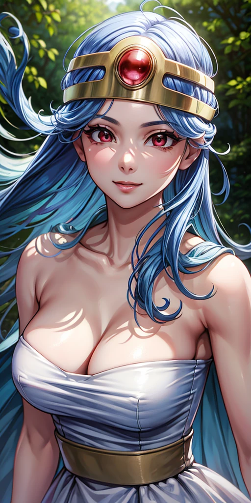 masterpiece, Highest quality, 4K, 8k, Ticker, Upper Body, Face Focus, close, One girl, Blue Hair, White Dress, Red eyes, Circlet, Cleavage, smile, Happy, depth, depth of field, Outdoor, nature, petal, Wind, beautiful, High resolution, Perfect lighting, Detailed face, Detailed body, masterpiece, Highest quality, Intricate details, 8k uHigh resolution, Perfect Face, Perfect Eyes