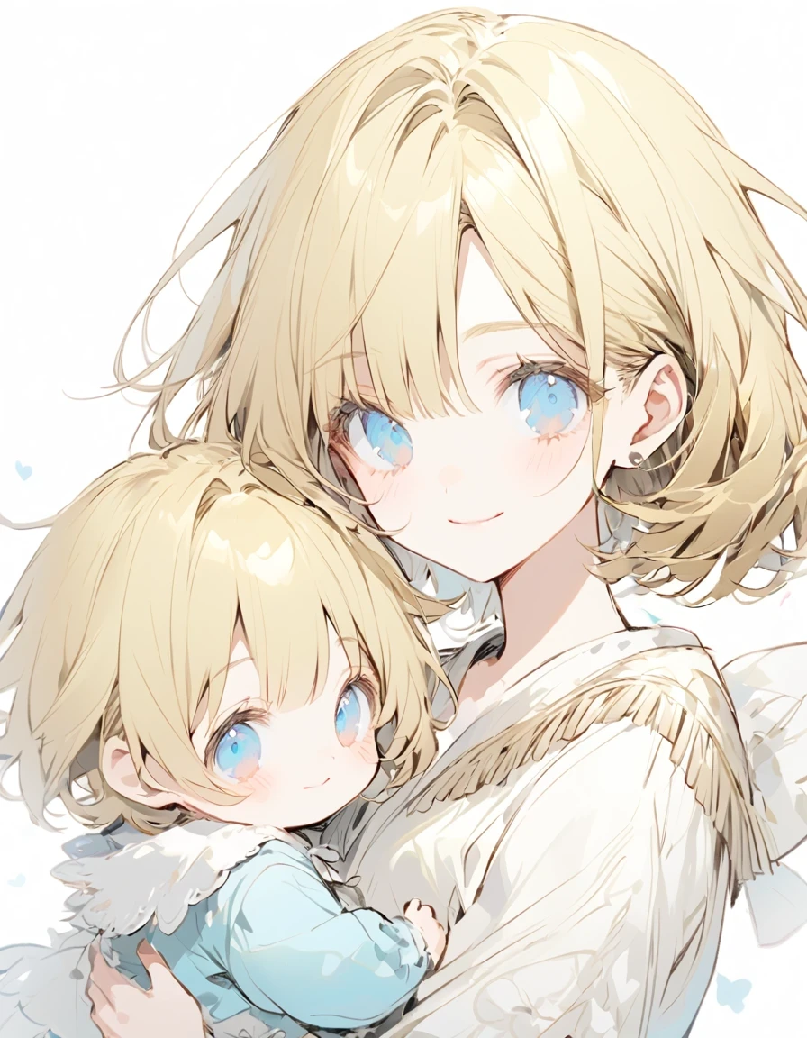 Little magic girl holding baby and smiling(sketch)(Small stature), (Baby raising his hands)blond hair (Short Bob Hairstyle:1.4), (blue eyes), (Big Hair) (White background), (Eyeshadow:1.3)(Large Breasts:1.3)