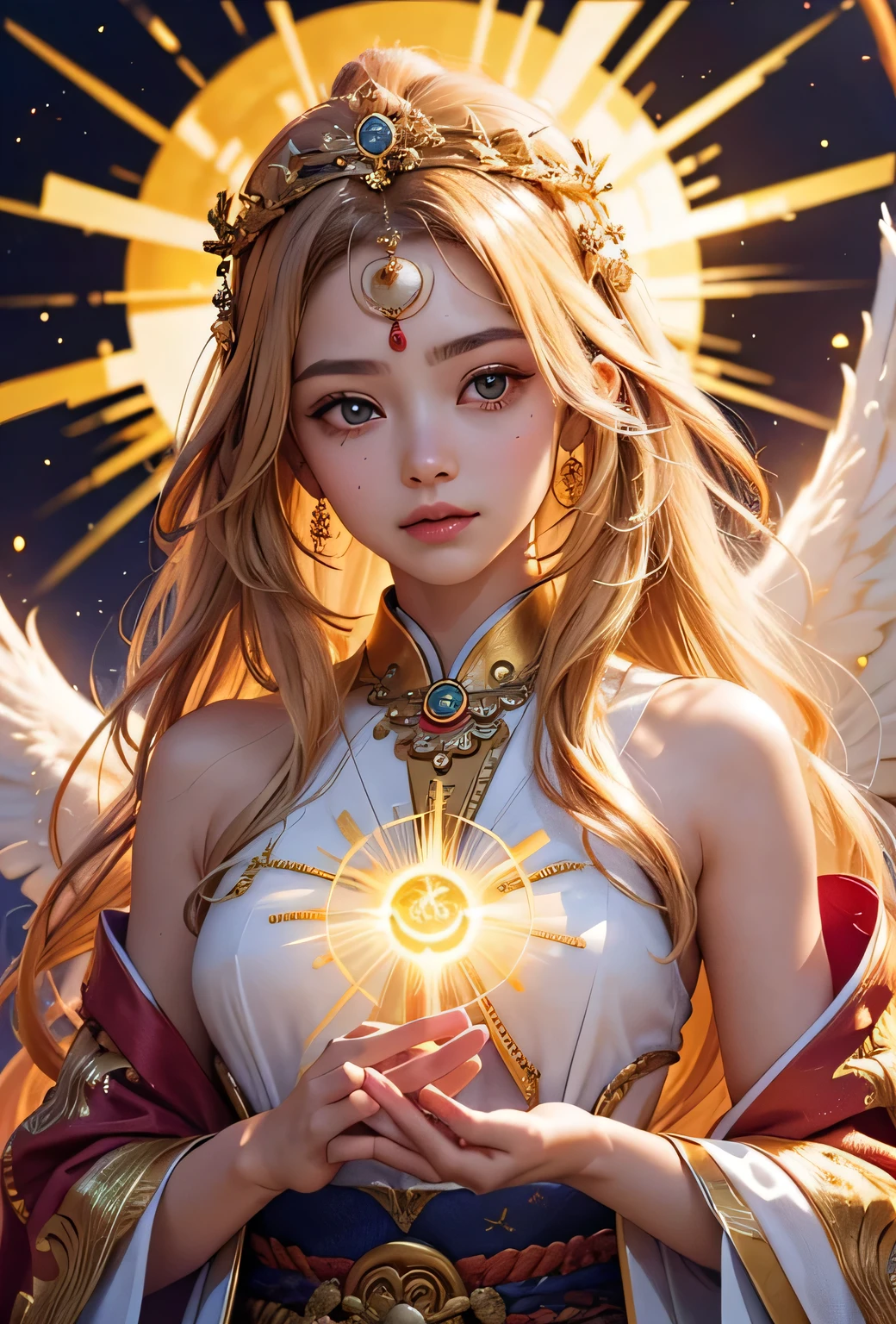 "Child of the Sun, Goddess of Love": Within a sacred sanctuary bathed in sunlight, depict the figure of a sun goddess who governs love, facing forward and emanating divine radiance. She is a , around . Zoom in to focus on her face, with a gleaming orb of light in her hands, representing the life-giving power of the sun. Her hair is shimmering gold, and she is wearing a traditional miko outfit as seen in Japanese shrines. The background should be predominantly gold, evoking a sense of divine splendor, with numerous heart-themed objects expressing the beauty of love. The setting is in heaven, enveloped in soft, bright light, where one can find tranquility and peace of mind, free from any trace of anxiety.Straight-on.