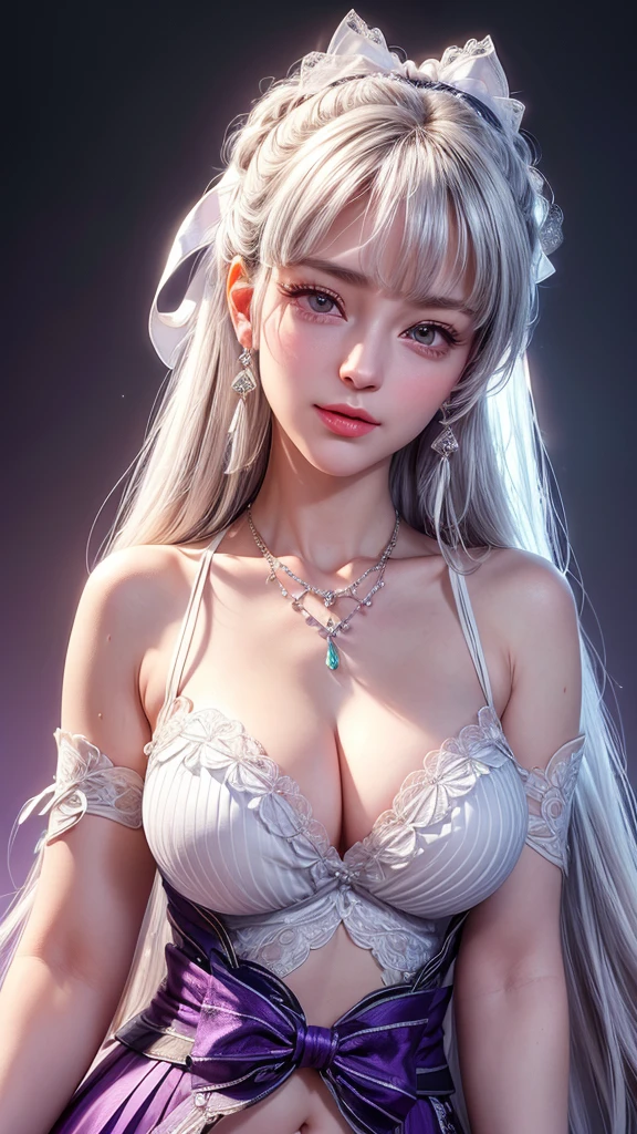 (extremely detailed CG unity 8k wallpaper), (((masterpiece)), ((best quality)), ((extremely delicate and beautiful)), realism, very pretty girl, green eyes, masterpiece, best quality, purple clothes, detailed clothes, details in clothes, very detailed, purple T-shirt, skirt, neon lights, Rococo, black gloves, Facial skin comes to life、exquisite, 8k wallpaper, black ribbon, White bow, real, The original, with bangs, white hair, accessories, jewelry, Ribbon necklace, period, wristband, seductive smile, Excited, heart shaped pupils, look up, look up, permanent, extremely delicate and beautiful, Dynamic angle, Navel exposed, head tilt, Expand, fighting stance,
